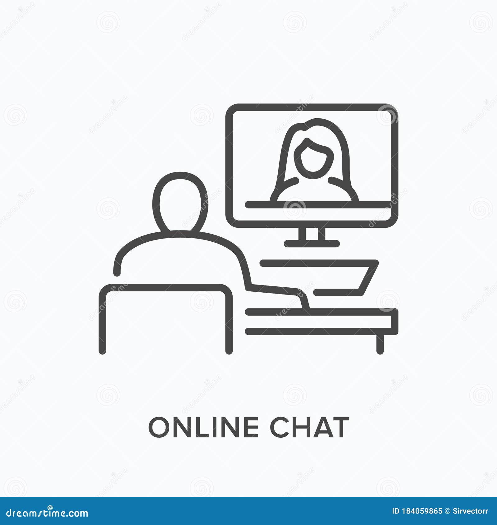 online chat flat line icon.  outline  of man and woman using computer for videoconference. remote