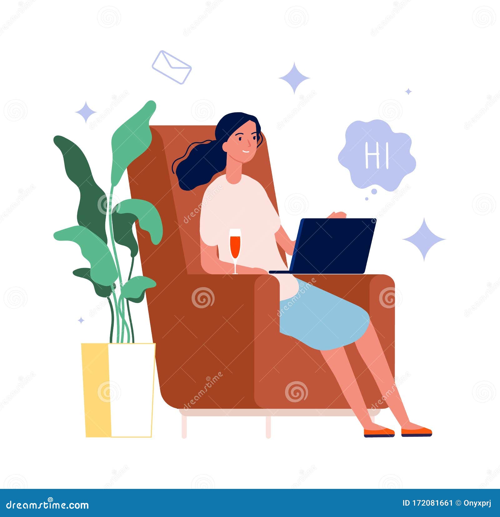 African girl friends chat online. Girl sitting in a chair in front of a  laptop and speaks with friend. Video conference, online chat concept.  Working or online meeting from home. Vector illustration.