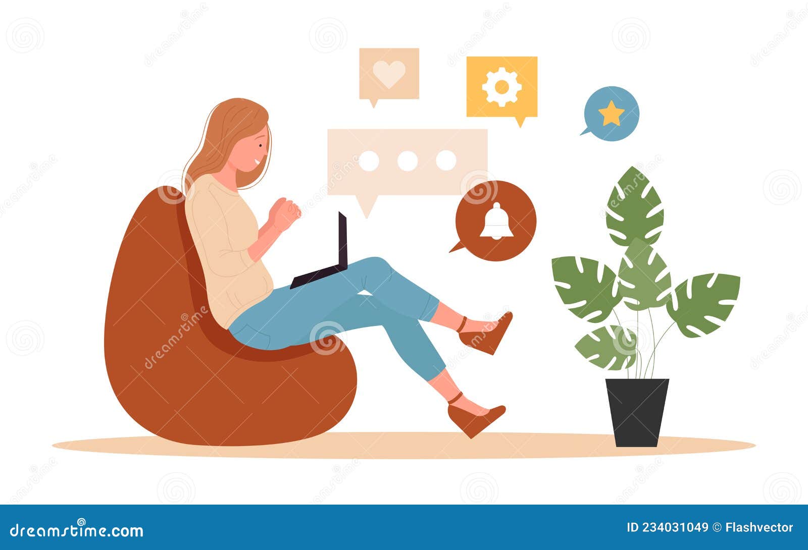 Online Communication, Woman Sitting in Bean Bag Armchair with Laptop, Check  Social Media Stock Vector - Illustration of background, lifestyle: 234031049