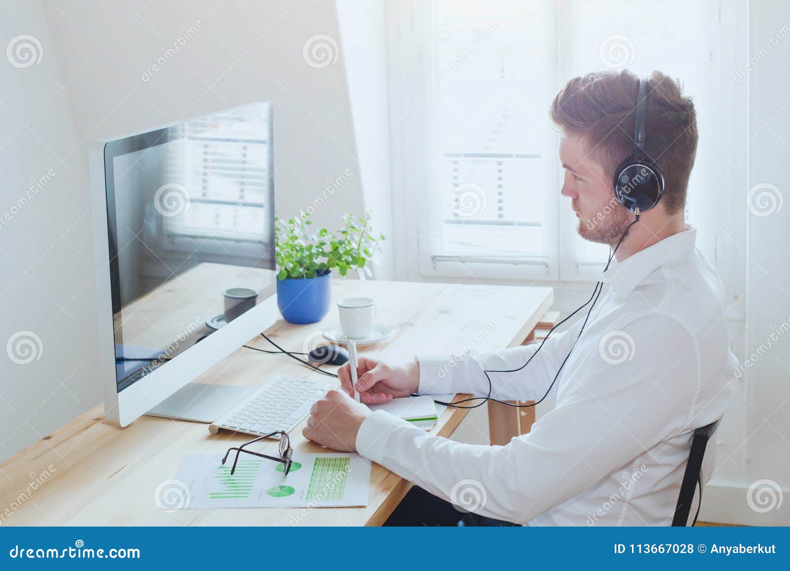 online conference or webinar, business man working in the office, education on internet