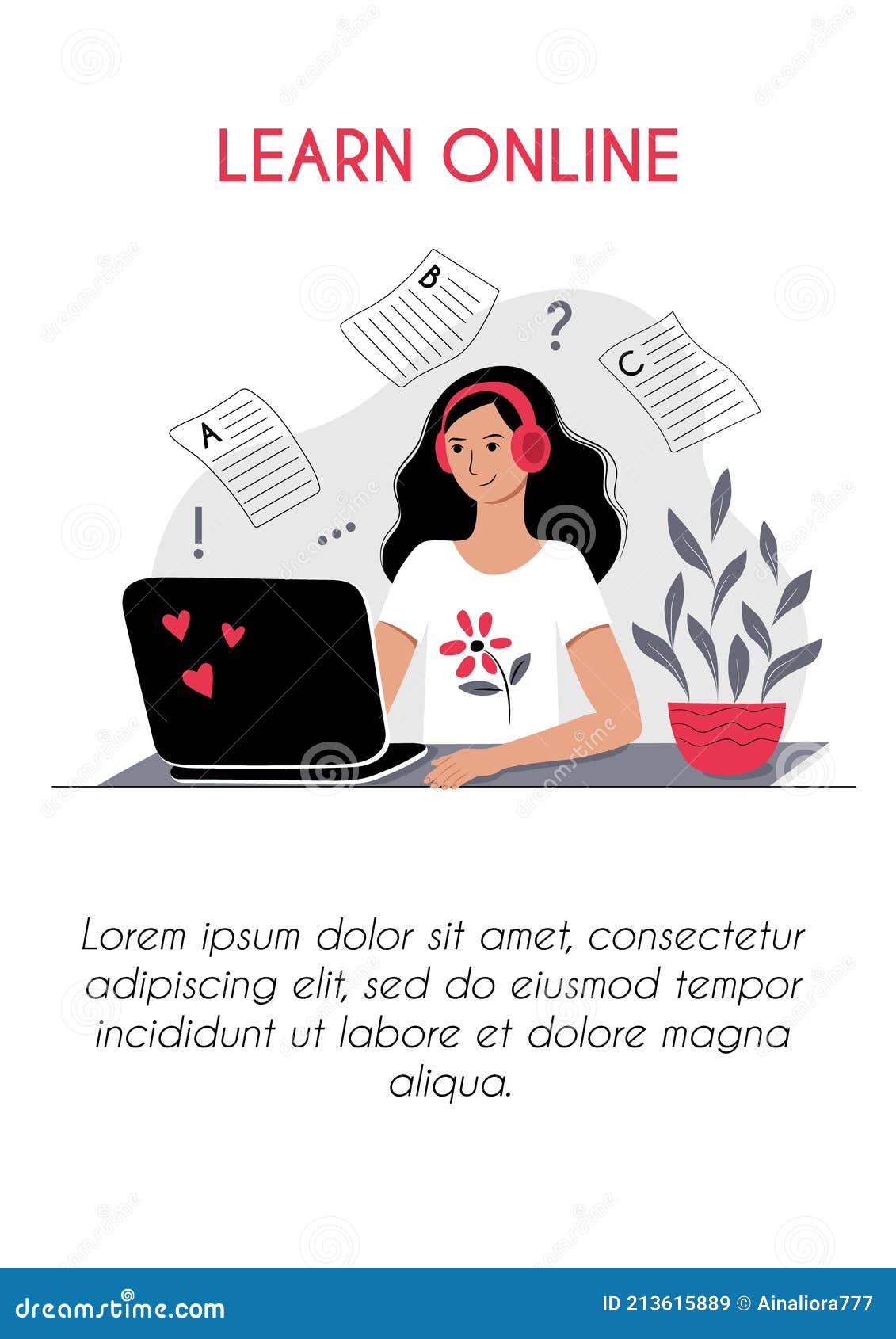 Online Course E Learning Vertical Poster Brochure Flyer Concept. Young