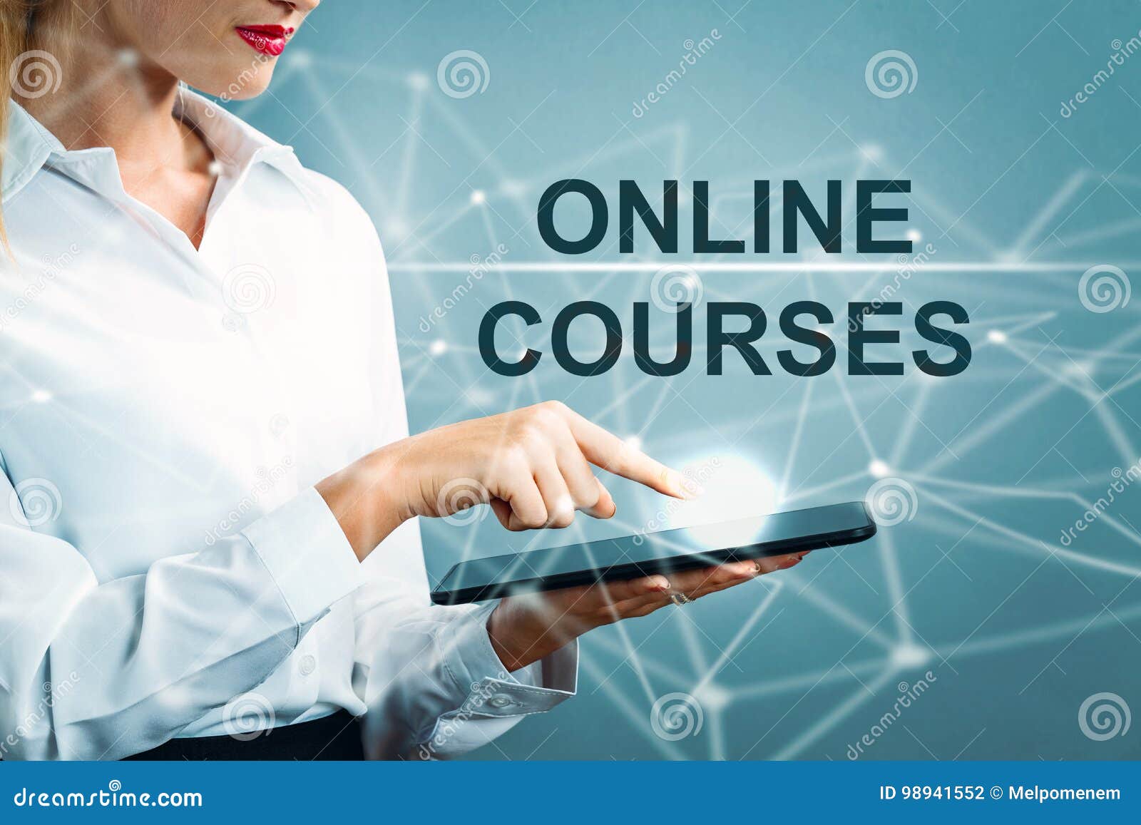 online courses text with business woman