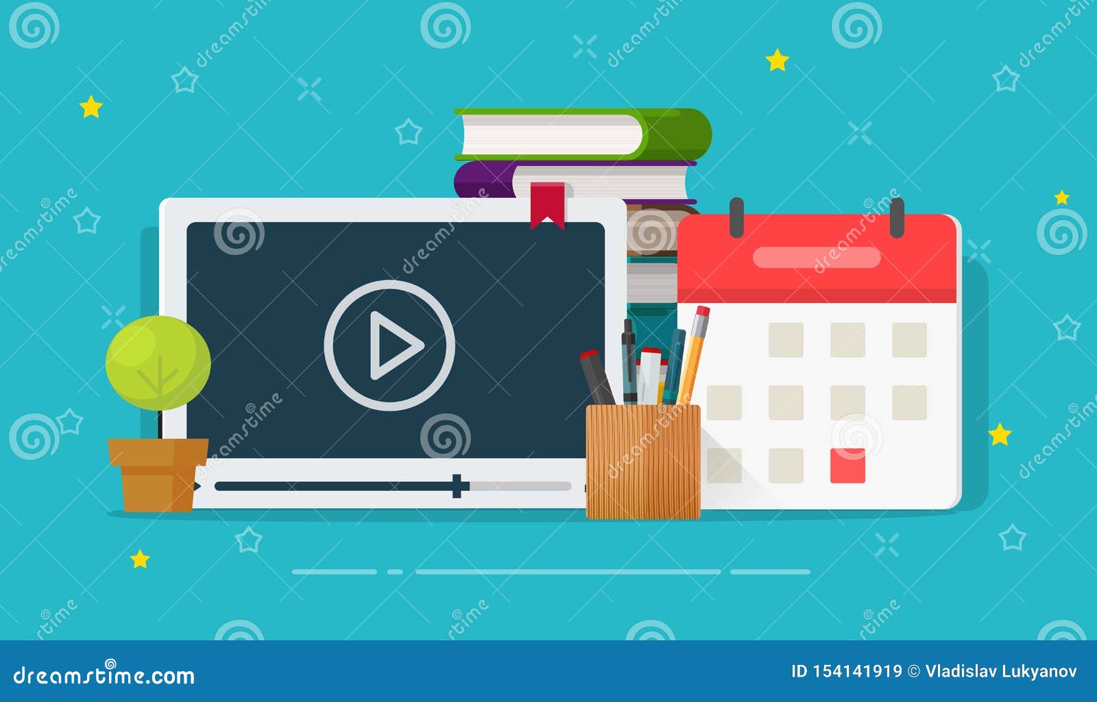 Online Courses or Webinar Training Vector Illustration, Flat Cartoon Video  Player and Educational Stuff, Books, Calendar Stock Vector - Illustration  of icon, back: 154141919