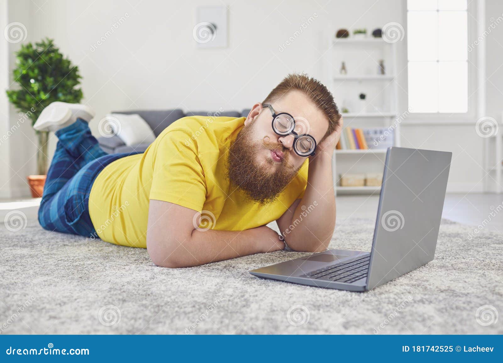 Online Dating Chat Video Chat  Fat Man in Glasses of a Fool with  a Laptop on a Date Online Video Call Chat Stock Image - Image of boyfriend,  people: 181742525