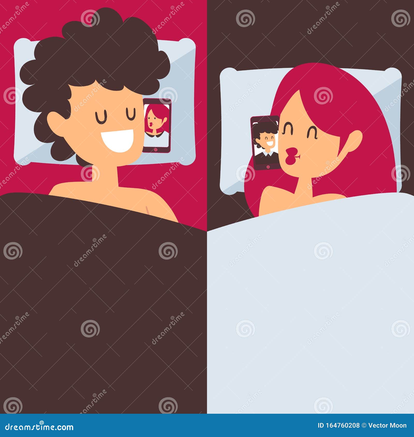 Online Dating Vector Illustration. Man and Woman Cartoon Characters in Bed  with Smartphones Stock Vector - Illustration of people, female: 164760208