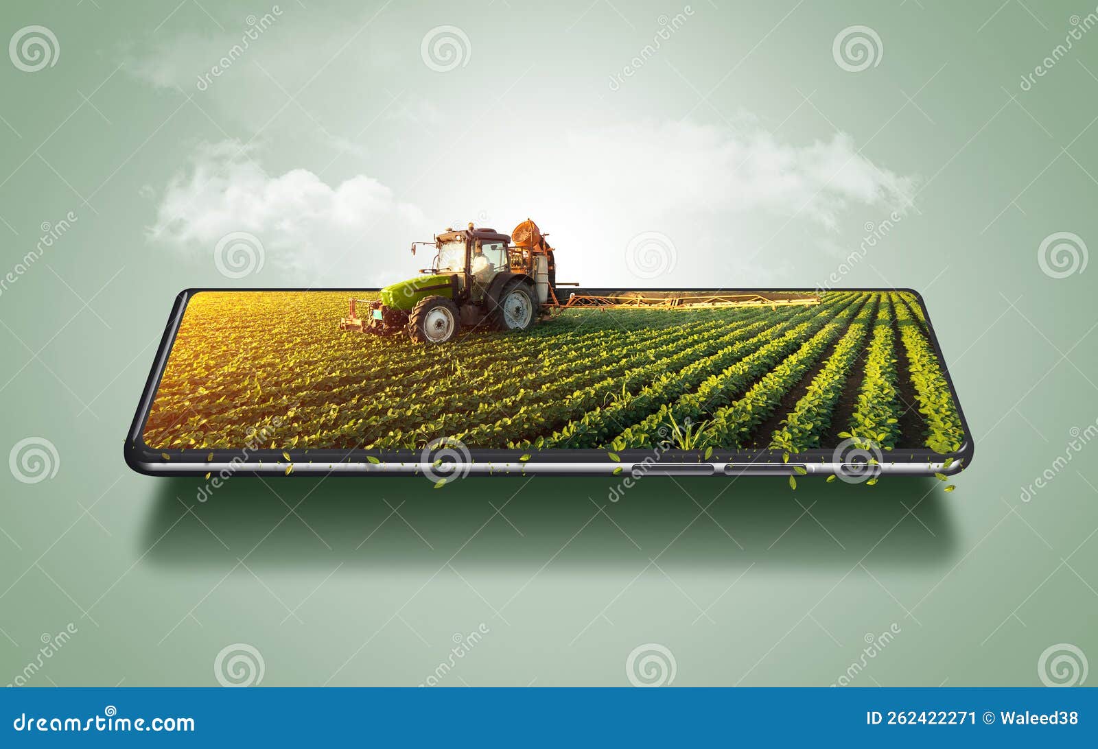 online digital farming concept, smart farming idea, tractor on a mobile phone 