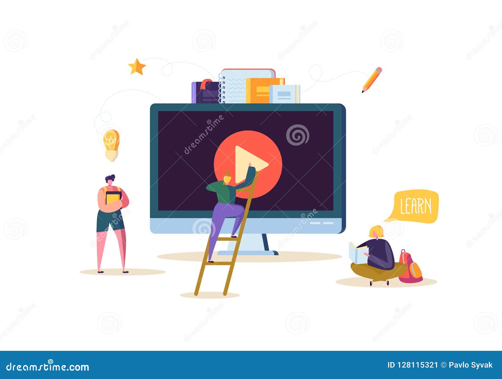 Online Education Concept. E-Learning with Flat People Watching ...