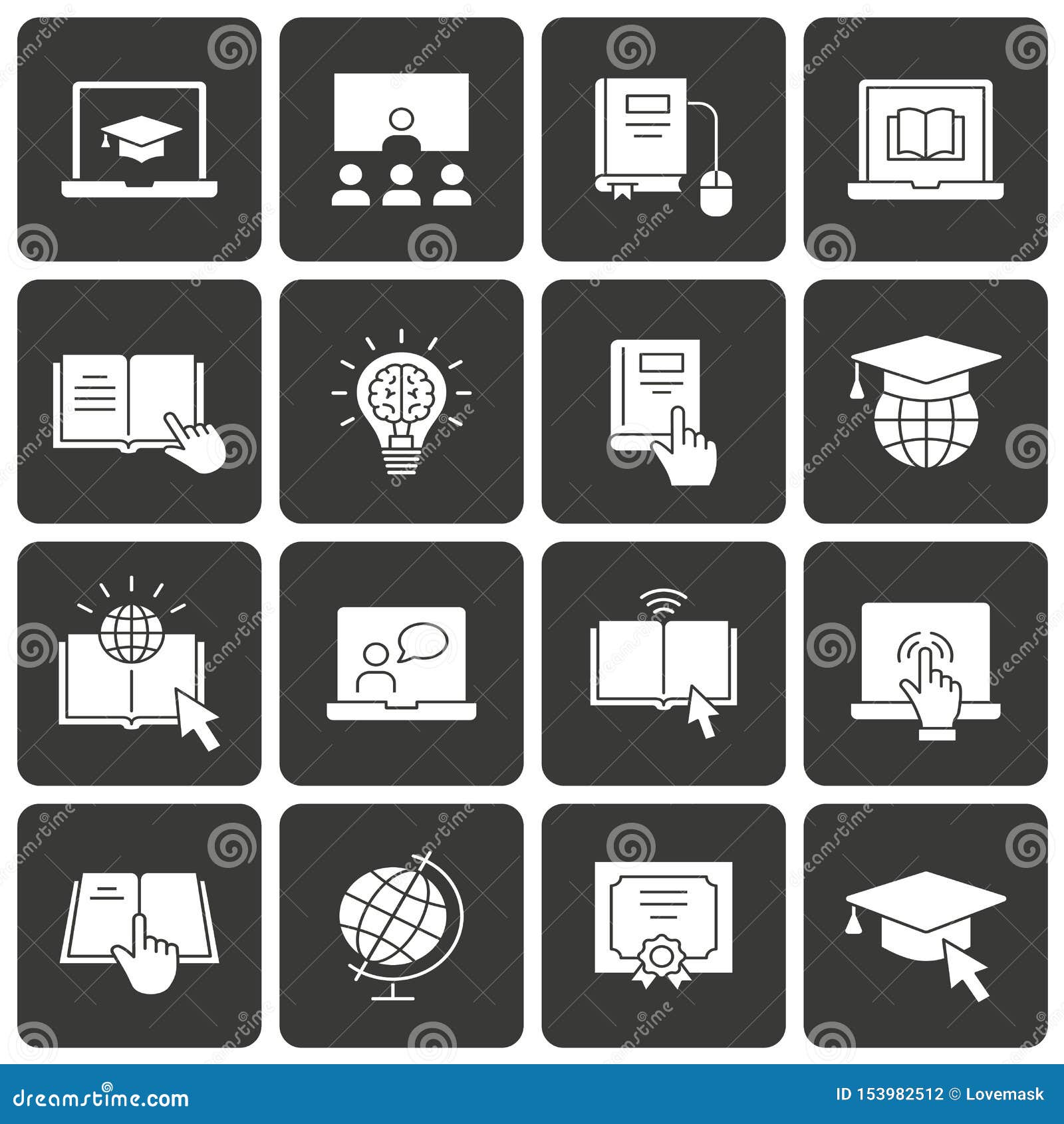 Online Education Vector Icon Set on Black Background. Stock Vector -  Illustration of choose, elearning: 153982512