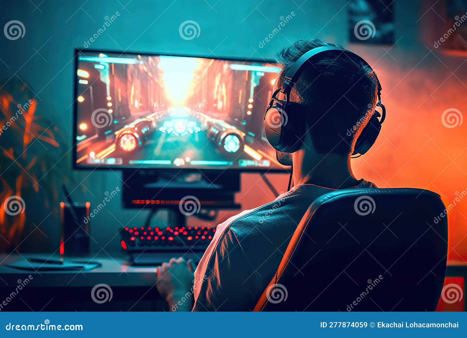 Online Gaming Enthusiast Wearing Headphones and Focused on Screen Monitor for Esports Competition