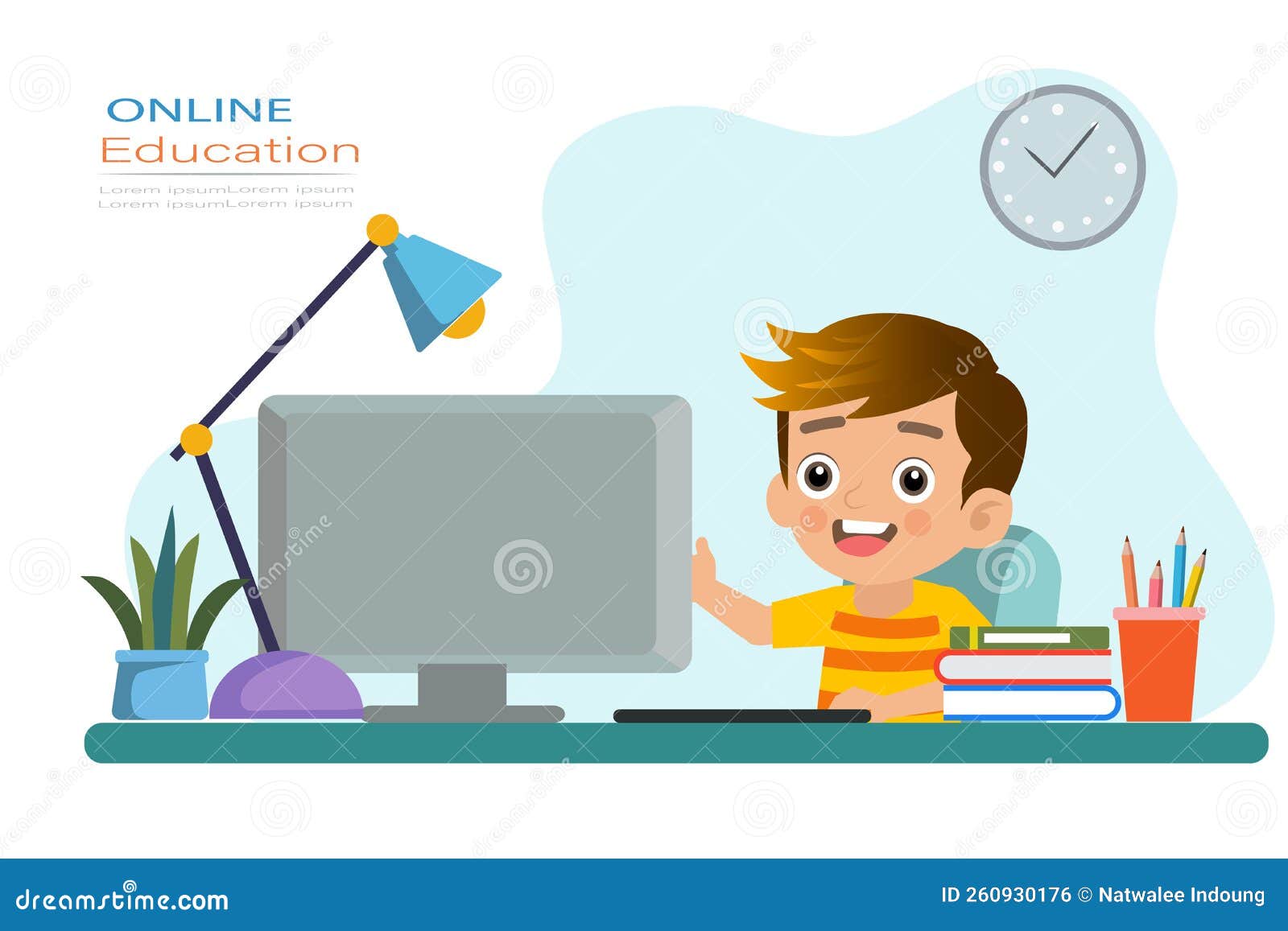 Online Learning Template with Children Studying with Computer. Vector ...