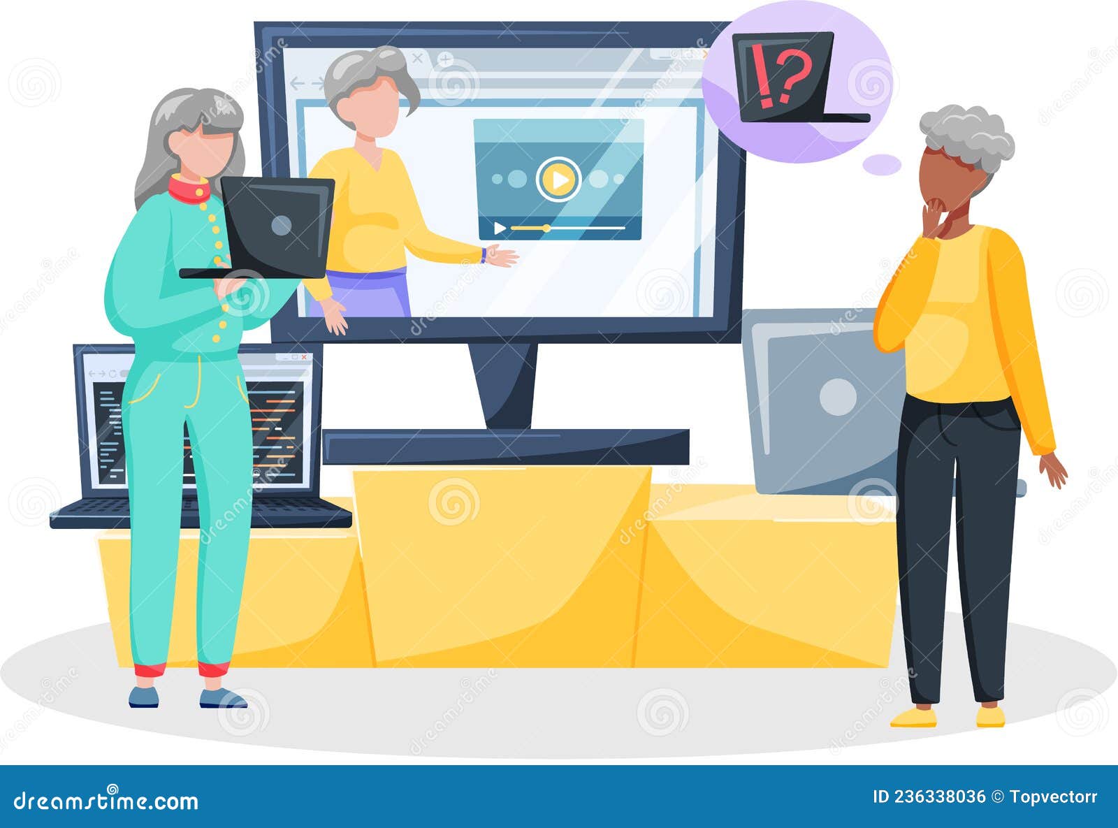 Online lecture and training gadgets for old people, modern means of  communication. Pensioner and modern digital technology concept. Oldster  education on computer. Seniors learning to work with laptop Stock Vector