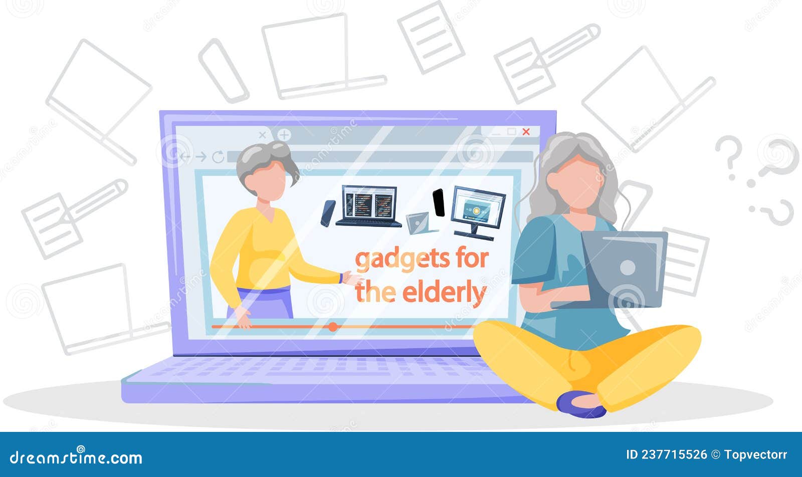 Online lecture and training gadgets for old people, modern means of  communication. Pensioner and modern digital technology concept. Oldster  education on computer. Seniors learning to work with laptop Stock Vector