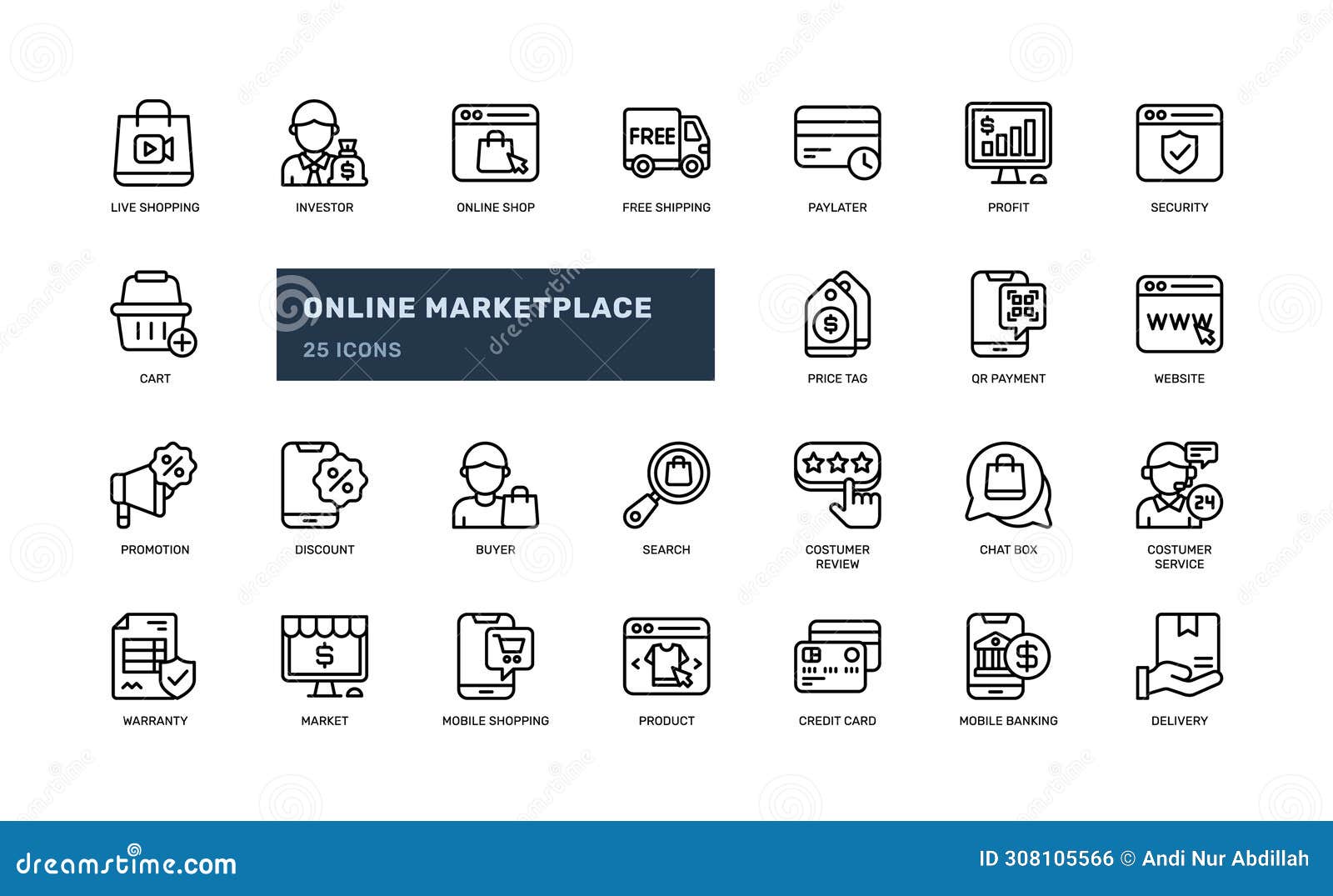 online marketplace e commerce shopping web website app detailed outline line icon set