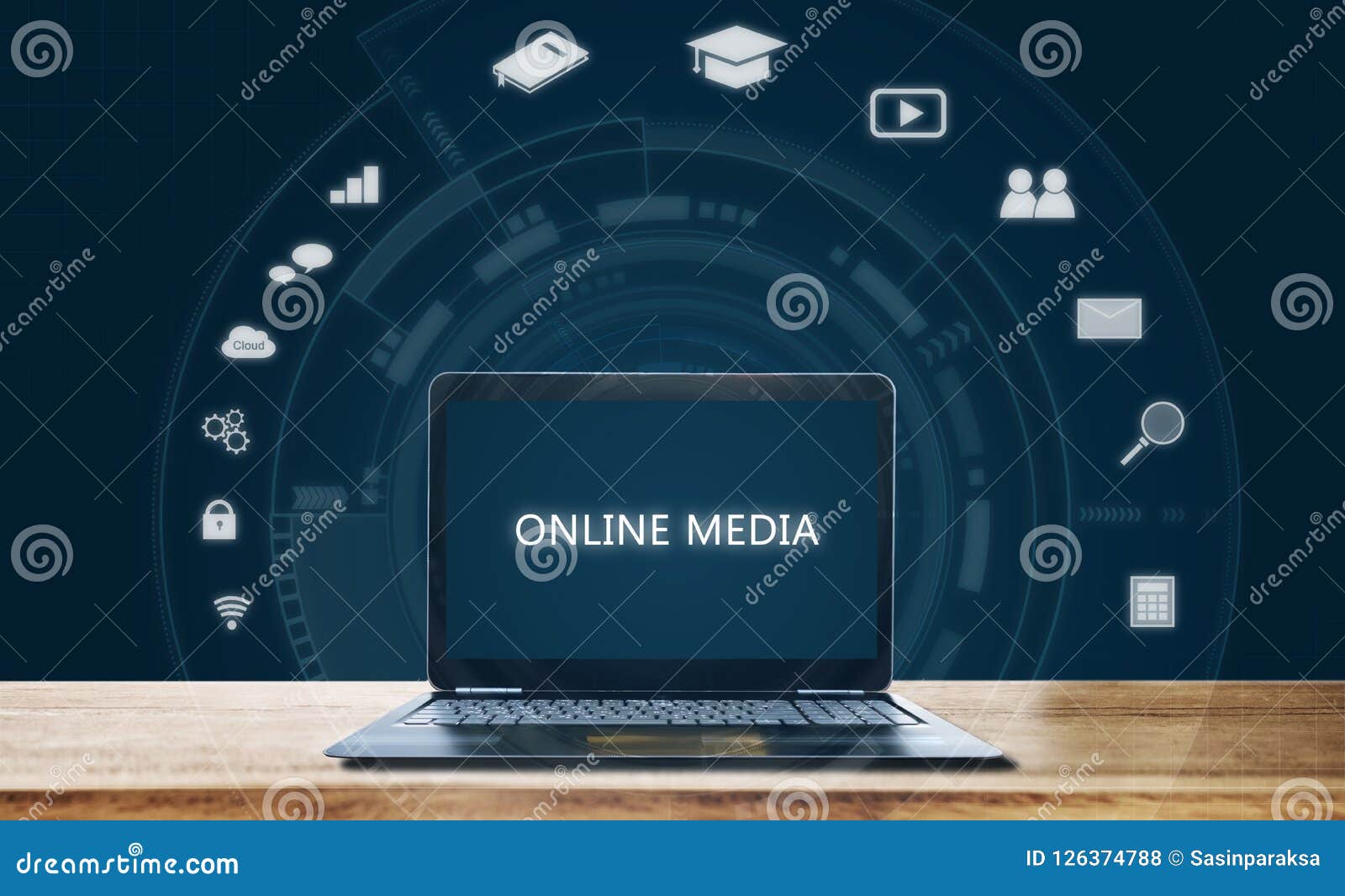 Online Media on Computer Laptop. Online Media Applications Stock
