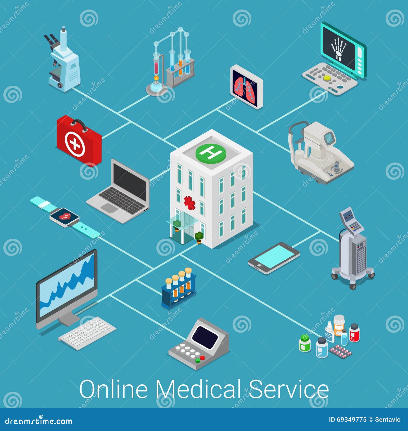 online medical service flat 3d isometric isometry icon set