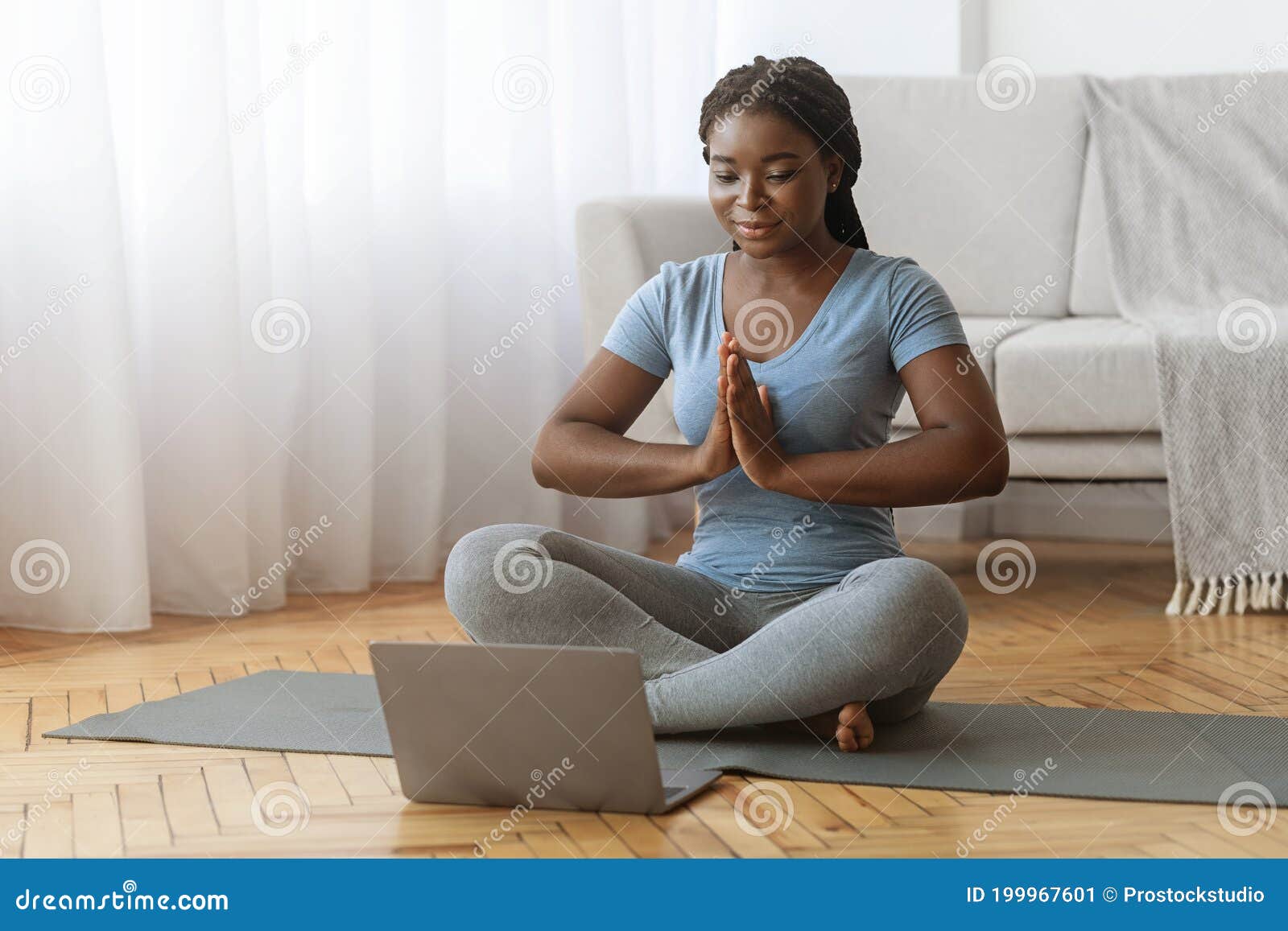Online Meditation. Black Lady Practicing Yoga in Front of Laptop at Home  Stock Image - Image of afro, meditation: 199967601