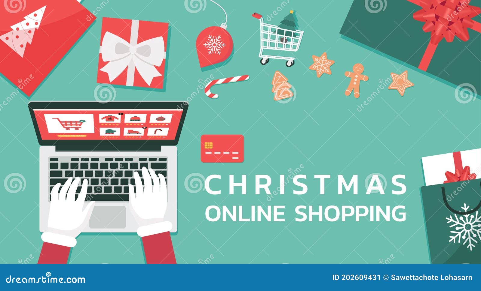 Christmas Online Shopping Top View Concept, Santa Claus Hand Makes