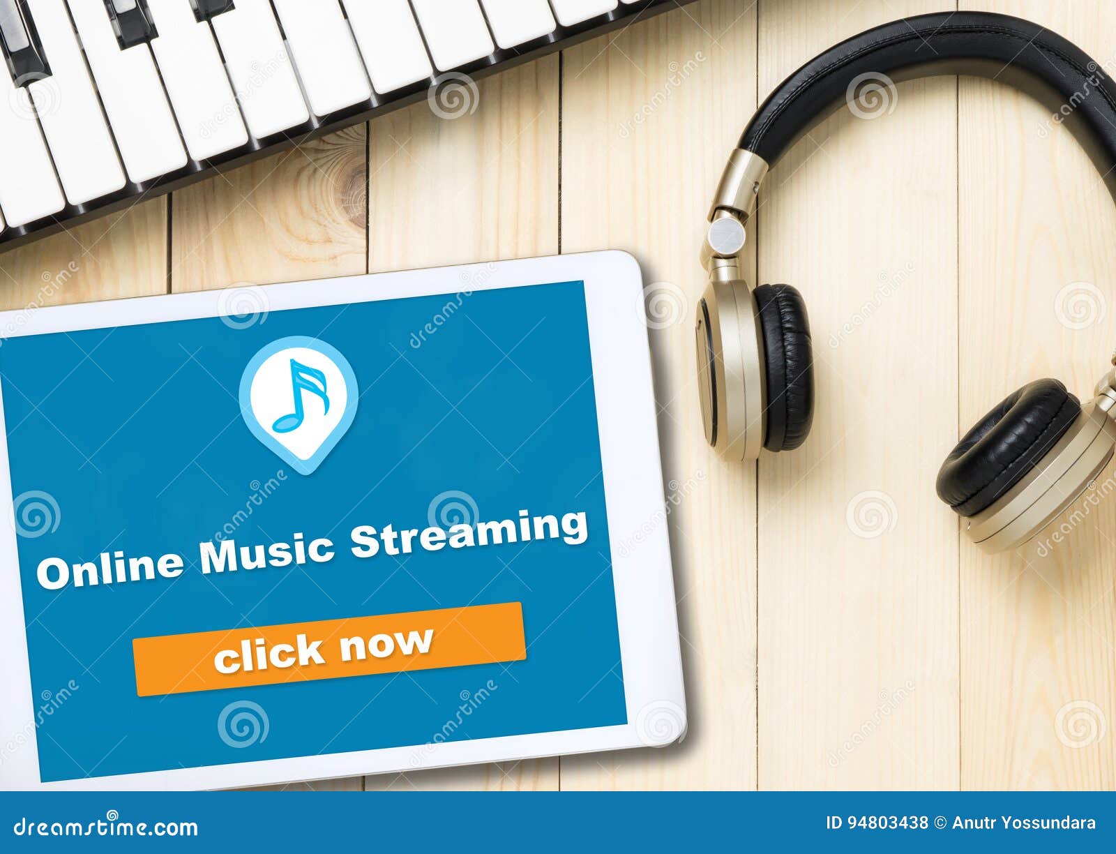 Online Music Streaming Button on Tablet Screen Stock Photo Image of