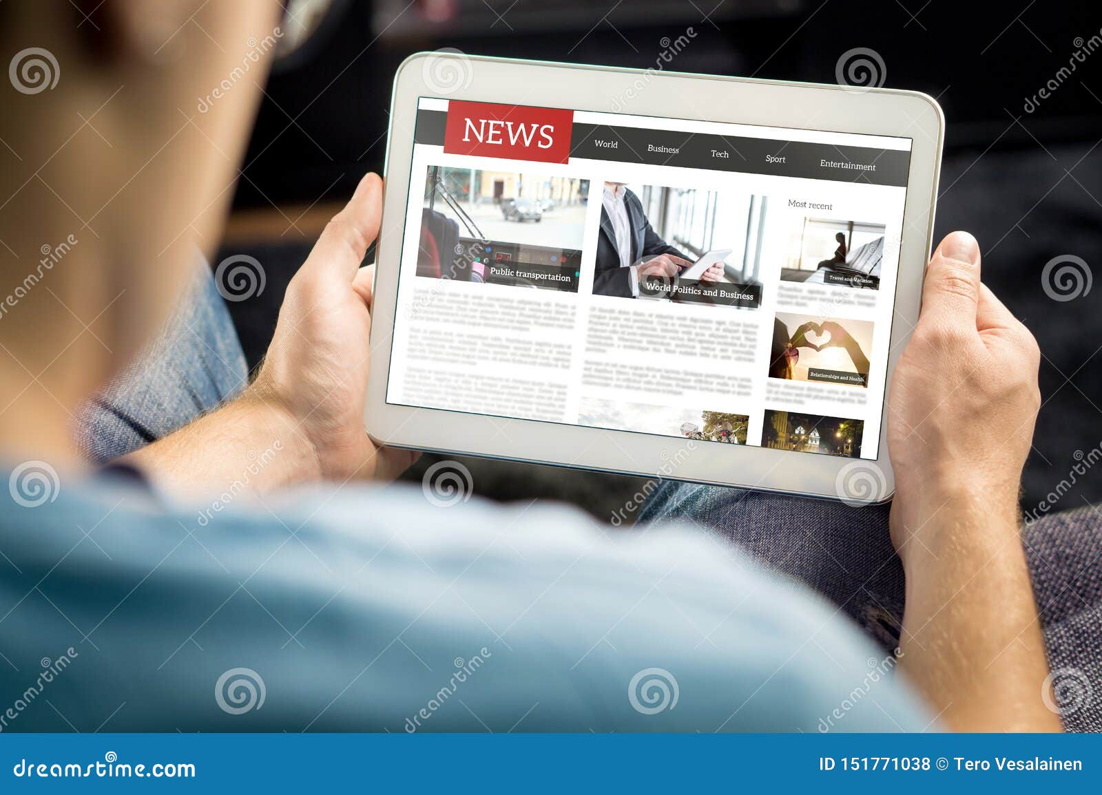 online news article on tablet screen. electronic newspaper or magazine. latest daily press and media. mockup of digital portal.