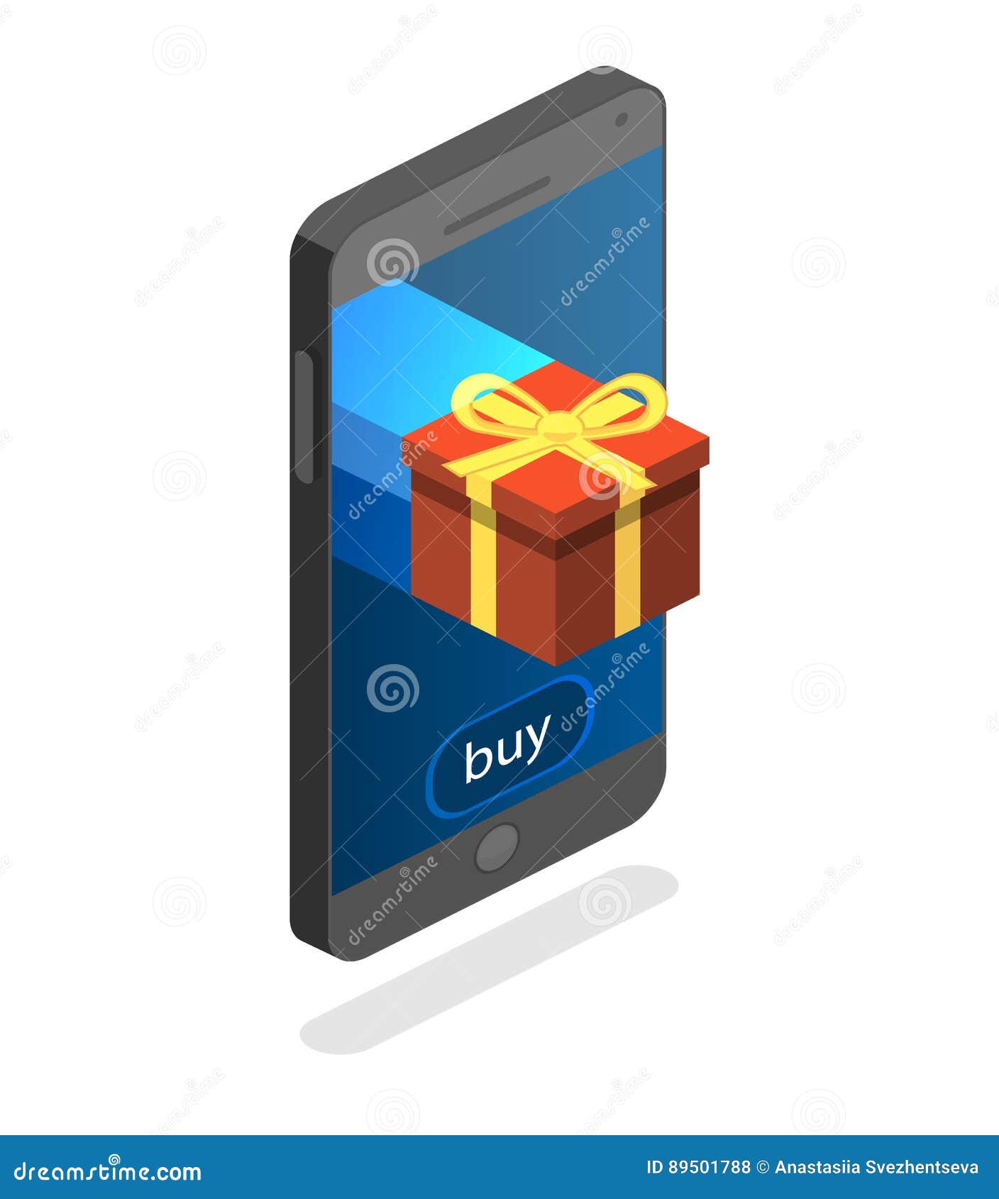 Online Order. Gift Box on Top of Phone Touch Screen Stock Illustration
