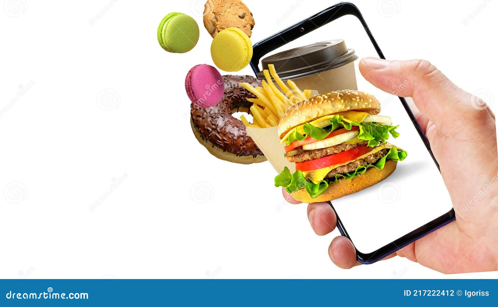 Bedachtzaam Bezit Ploeg Online Ordering Fast Food. Hand Holding Phone with Fast Food Flying Out of  the Screen Stock Photo - Image of fastfood, donuts: 217222412