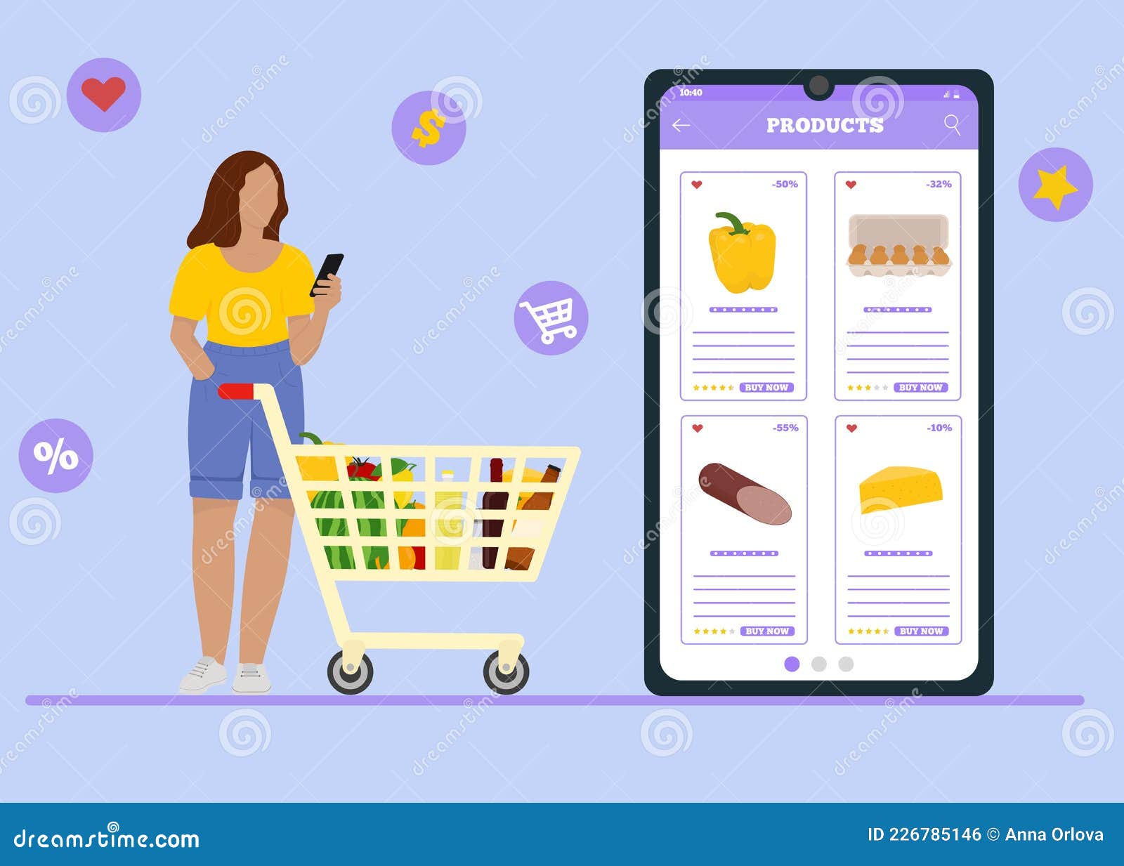 Online Ordering of Products. Girl Orders Clothes Online Stock Vector