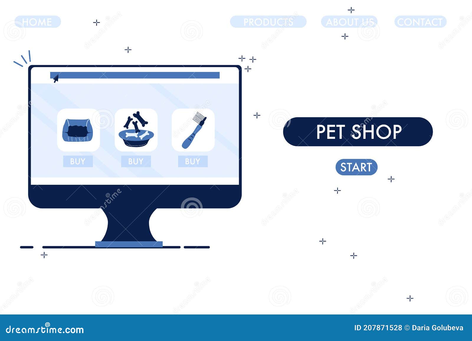Online Pet Shop Website Template. Desktop Computer with   Goods and Food for Domestic Animals from Home Stock Vector - Illustration  of icon, internet: 207871528