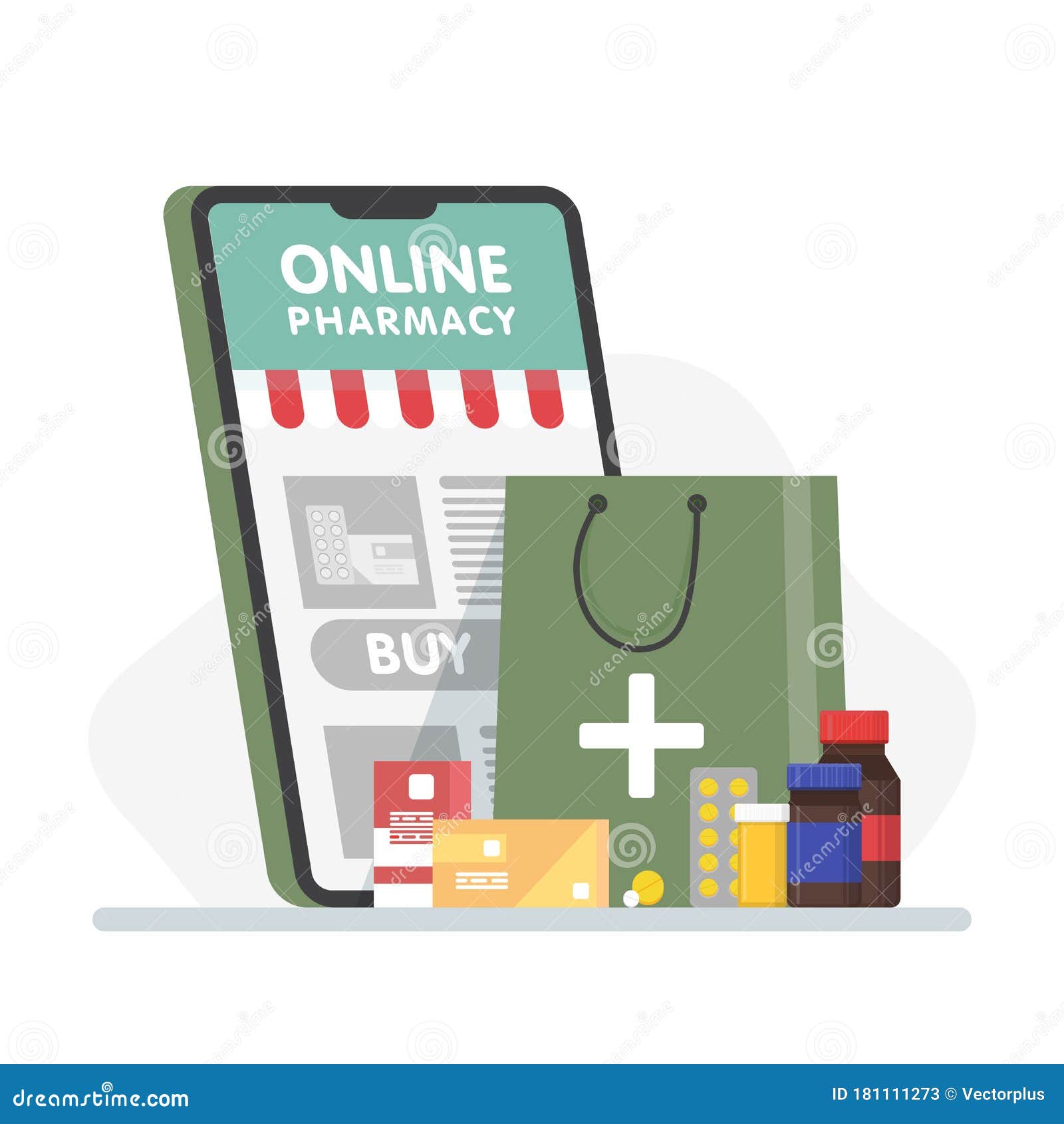 Online Pharmacy Banner with Smartphone, Paper Bag, Pills, Bottles, Ampoules. Online Drugstore Concept in Flat Style with Copy Stock Illustration - Illustration of order, medical: 181111273