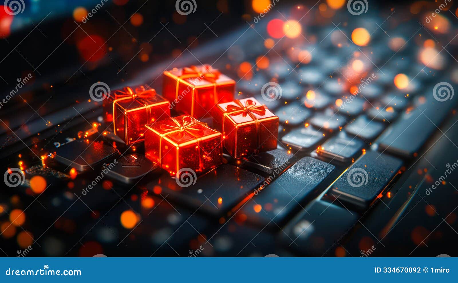online sale on cyber monday with festive gifts displayed on a laptop keyboard, ai generative
