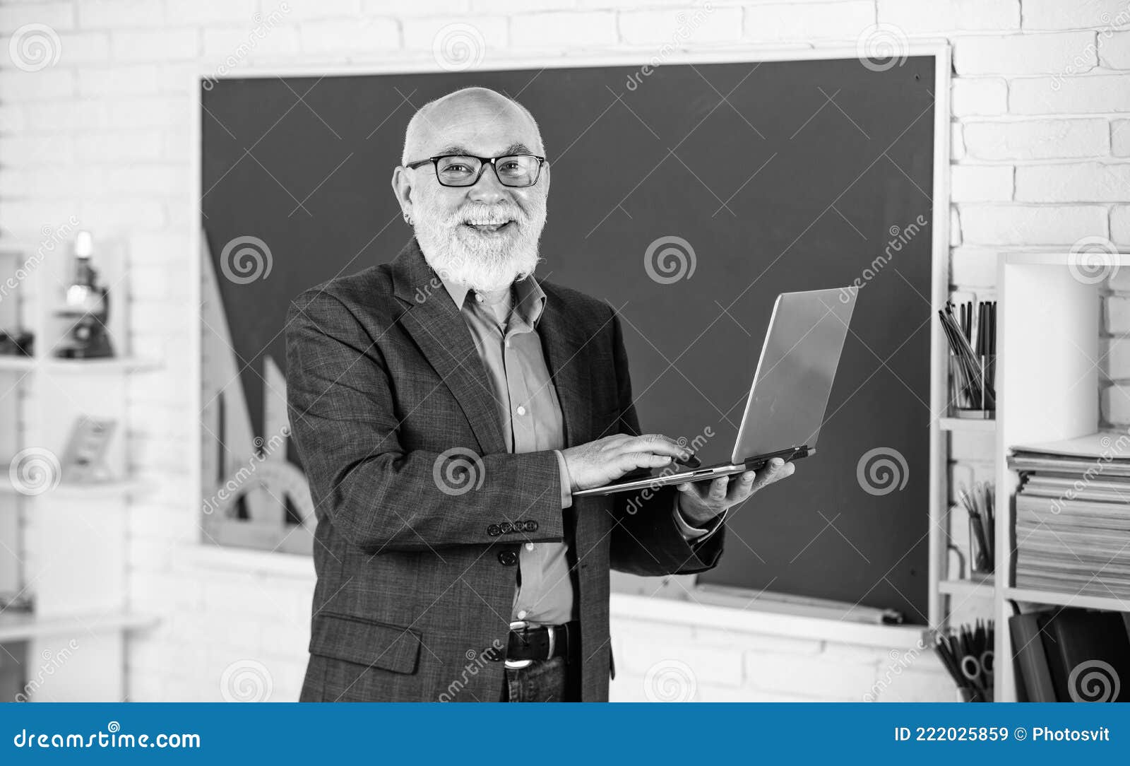 online service. videoconferencing keeps homebound students connected. senior intelligent man teacher use laptop. distant