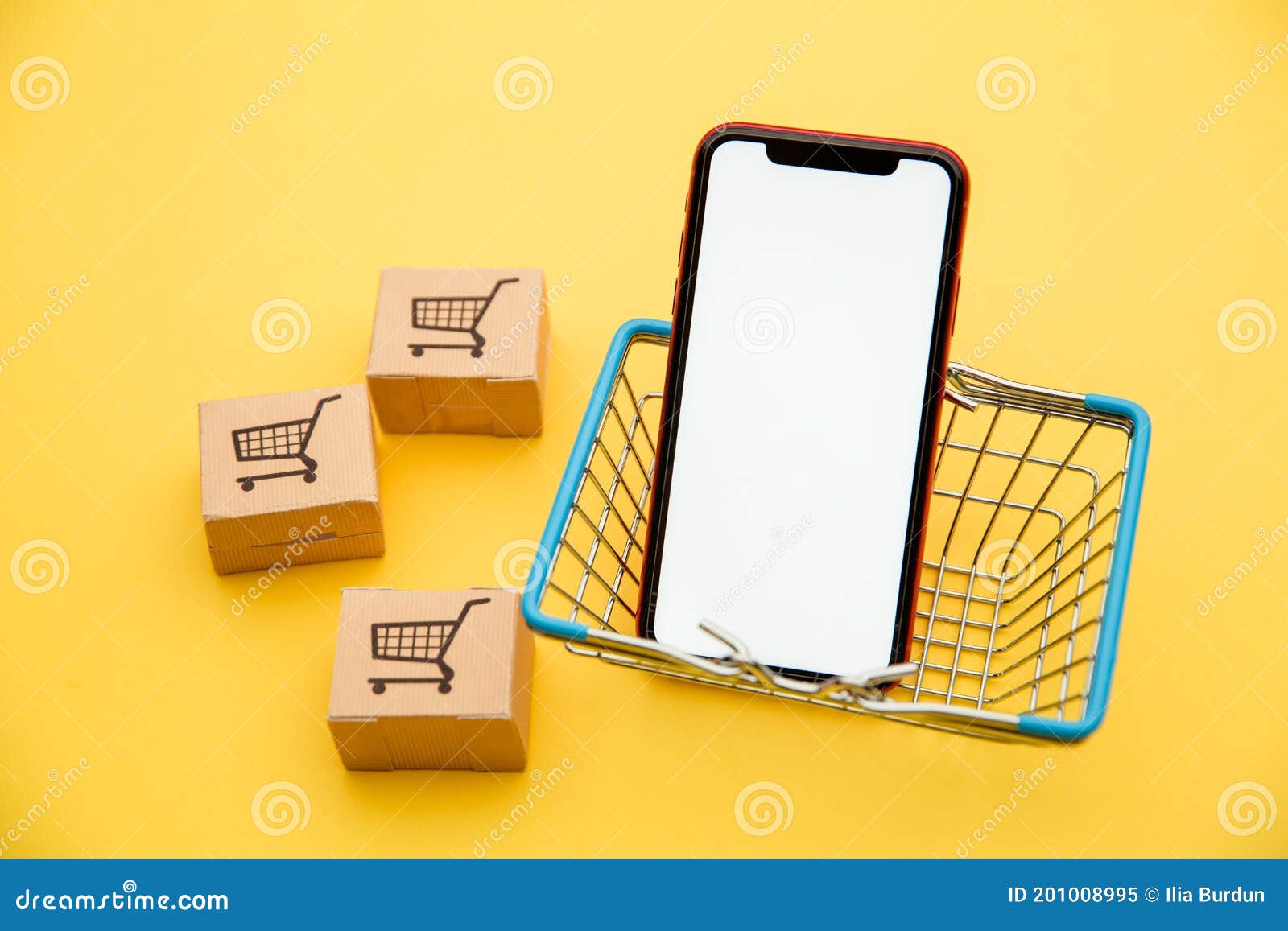 Online Shopping Concept. Boxes, Basket and Smartphone Isolated on ...