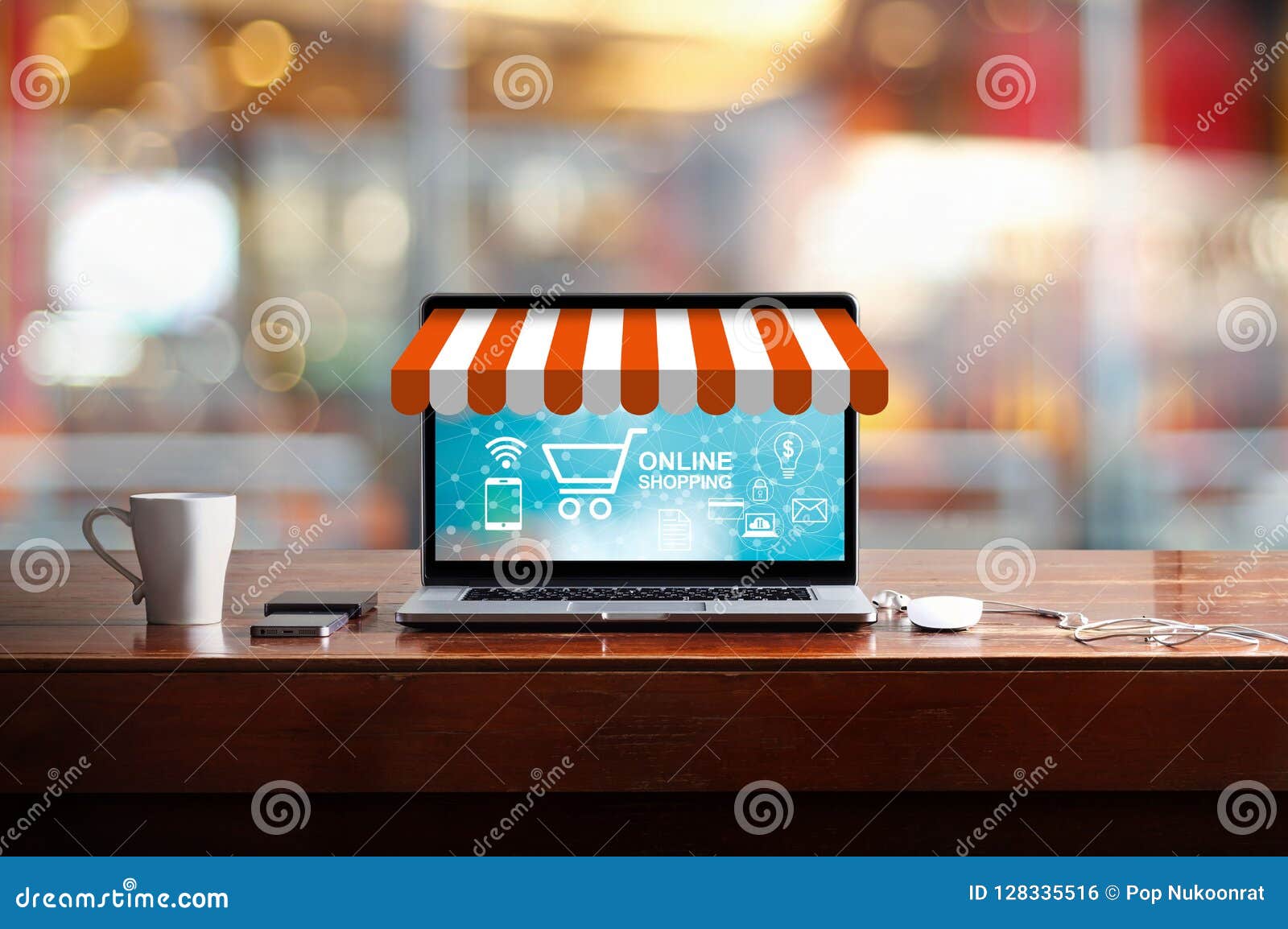 online shopping concept. open laptop store with icon buy, payment