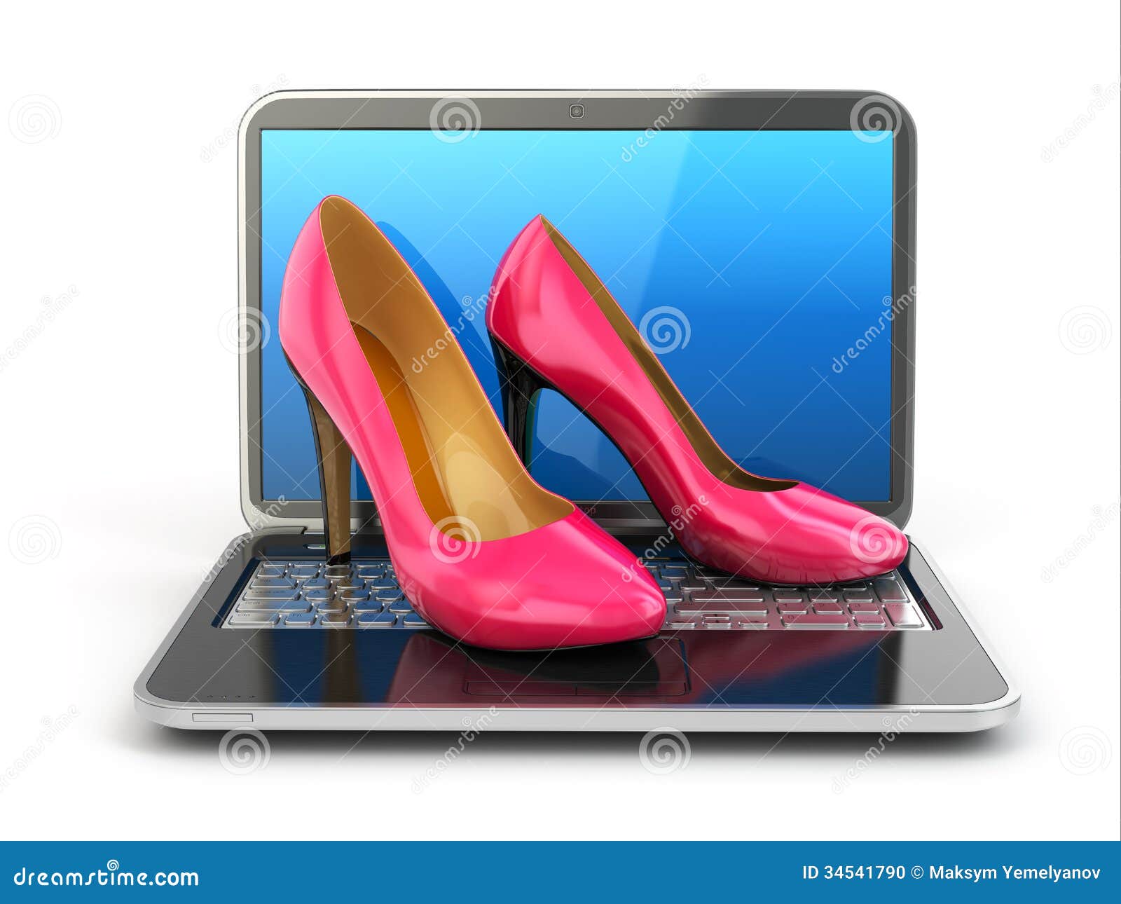  Online  Shopping  High  Heel  Shoes  On Laptop Stock 