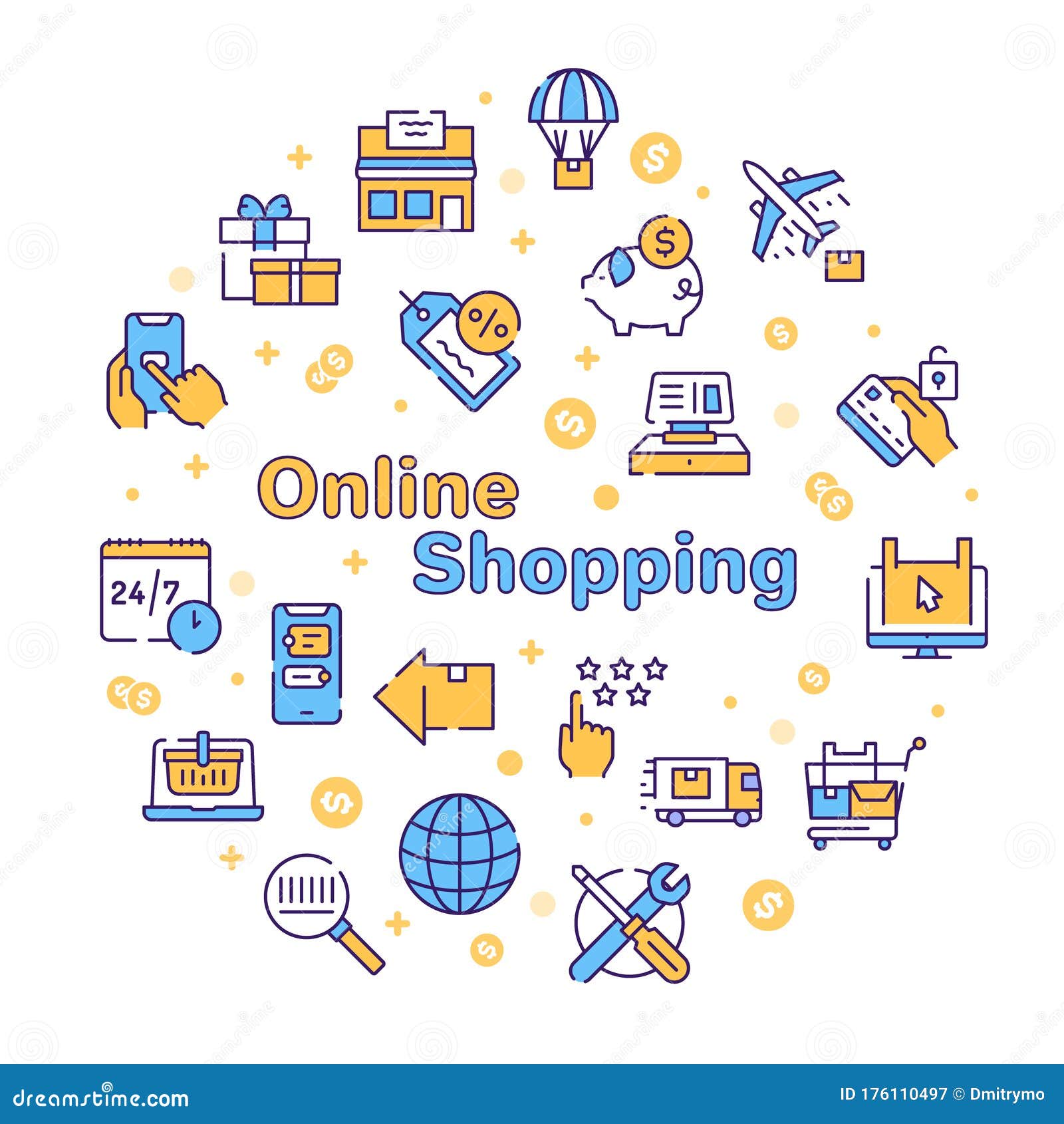 Online Shopping Icons Set on White Background Stock Vector - Illustration  of line, isolated: 176110497