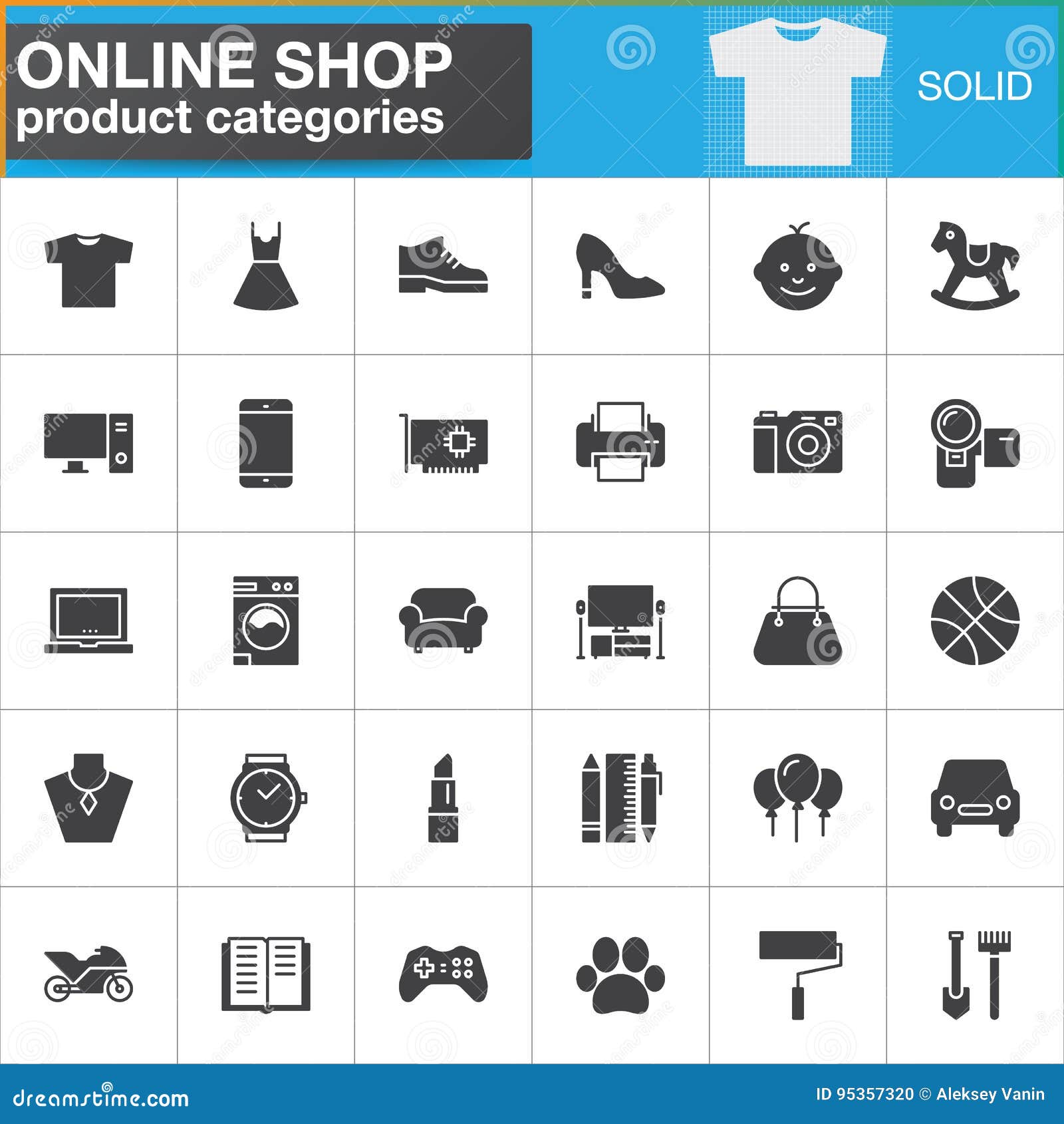 Online Shopping Product Categories Vector Icons Set, Modern Solid Stock  Illustration - Illustration of cloth, market: 95357320