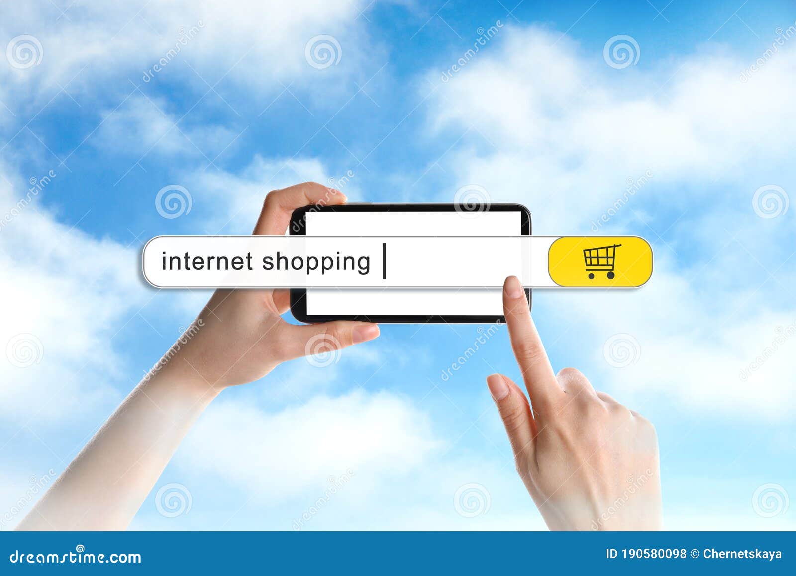 Online Shopping. Woman with Smartphone Using Search Bar Stock Photo