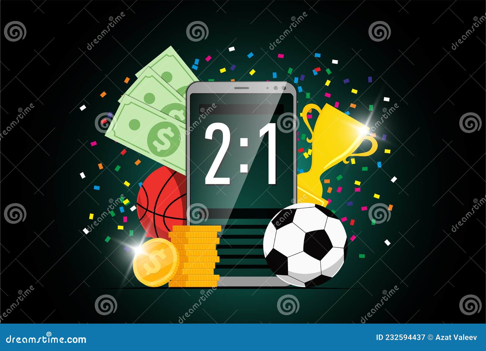 Online Sport Betting Mobile App Banner Design with Statistics Scoreboard on Smartphone Screen and Soccer Basketball Ball Stock Vector