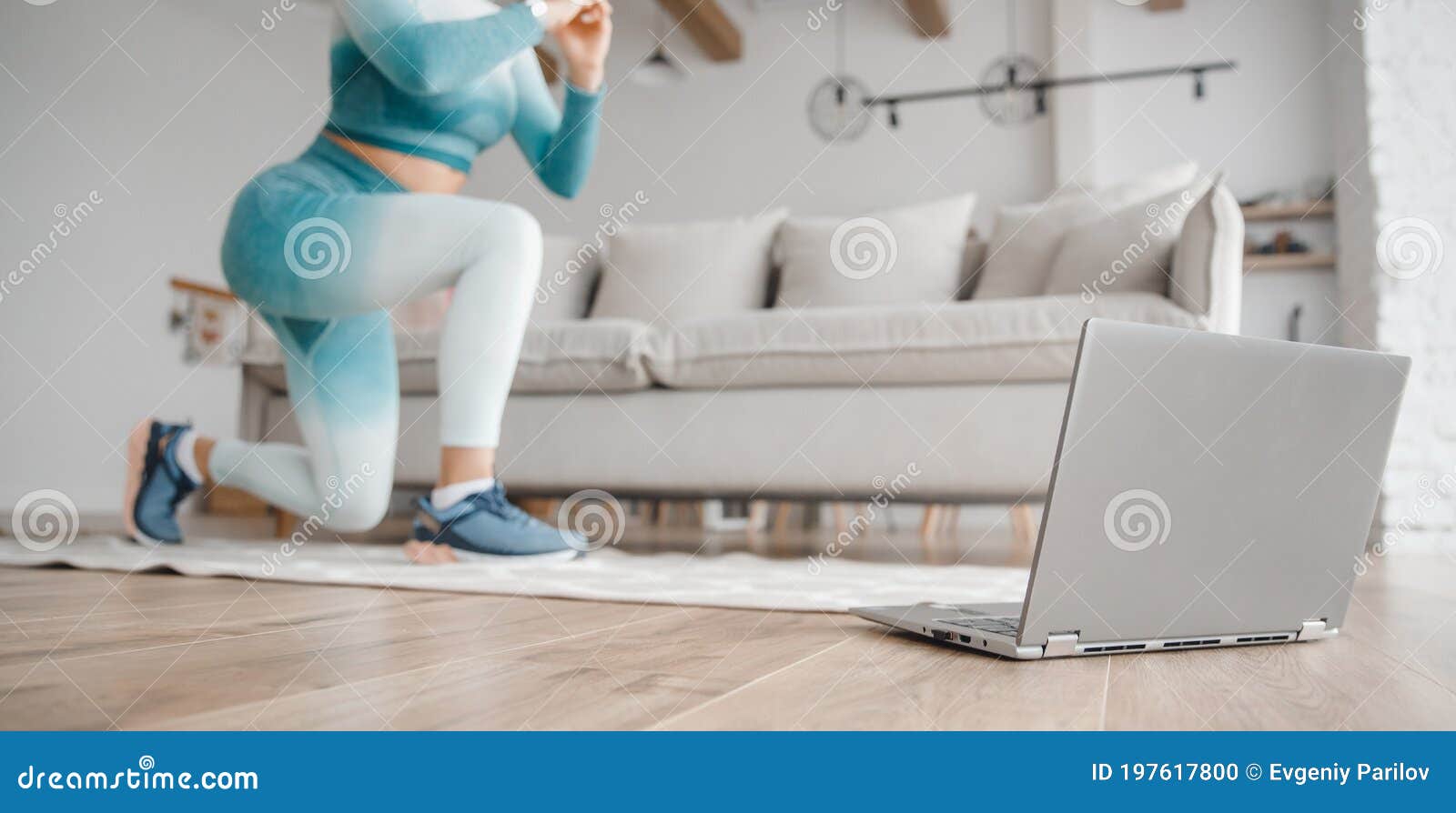 Online Sport Home Via Web Laptop Internet. Woman Performs Fitness Exercises Living Room Stock Photo Image of girl, social: 197617800