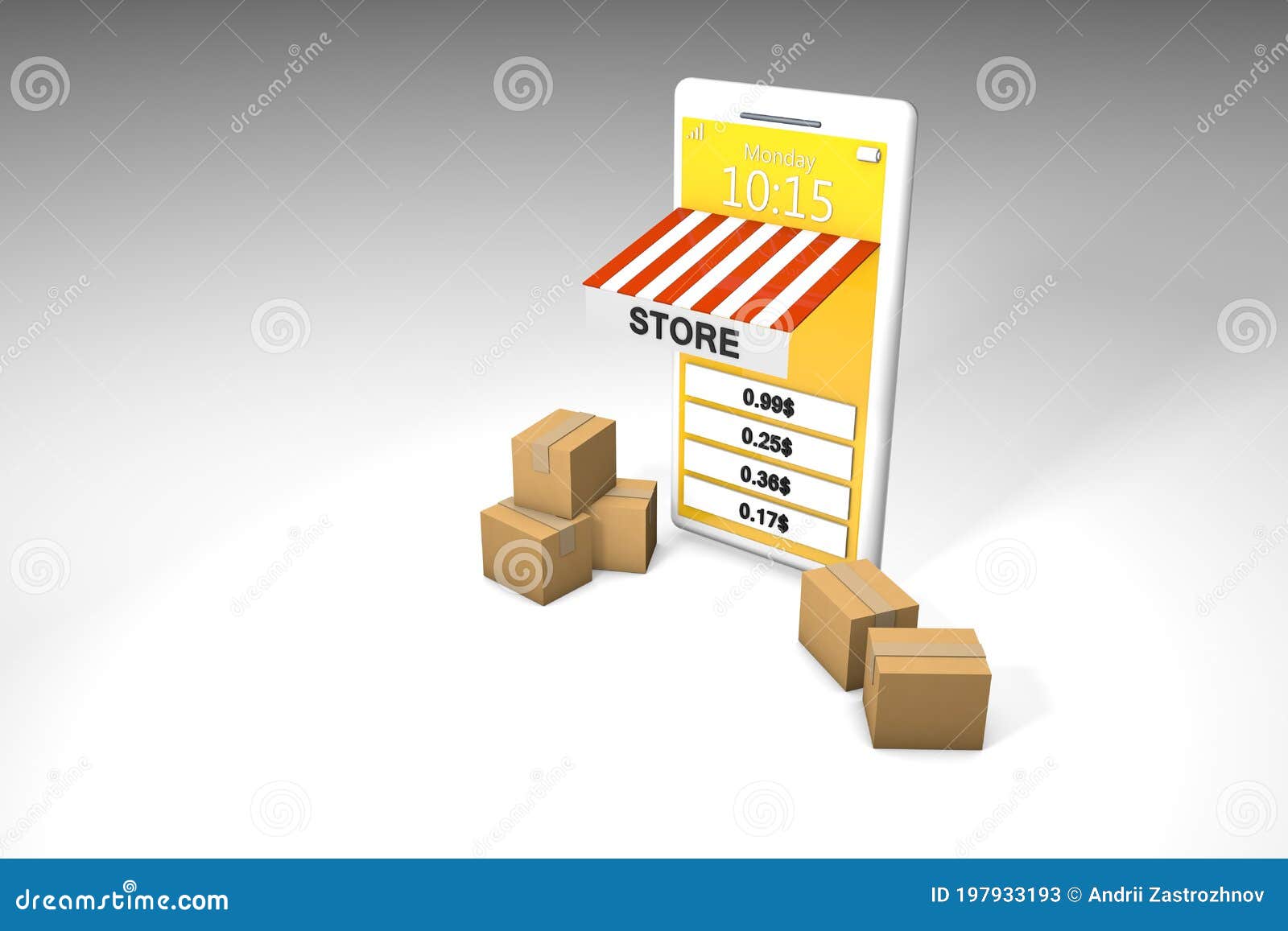Online Store in a Mobile Phone with a Sign and Boxes. Buying Goods