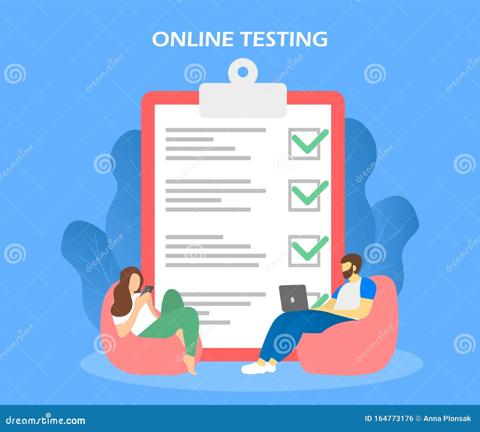 Online Testing. Checklist and Students with Laptop Stock Illustration