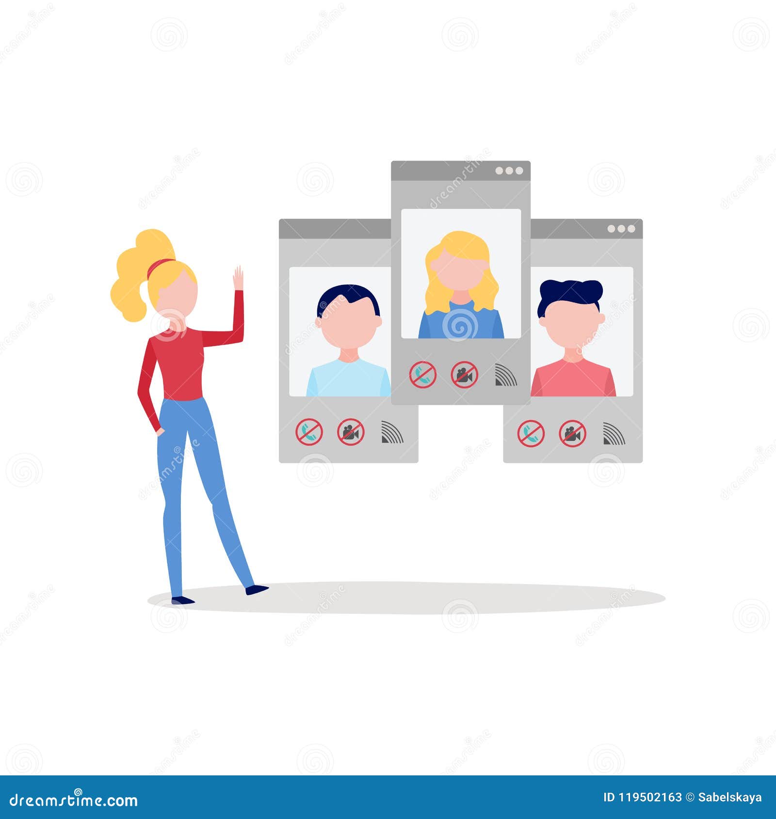 Online Video Call Chat Conference with Woman Using Smartphone Screens To  Converse with Group of People. Stock Vector - Illustration of connection,  communication: 119502163