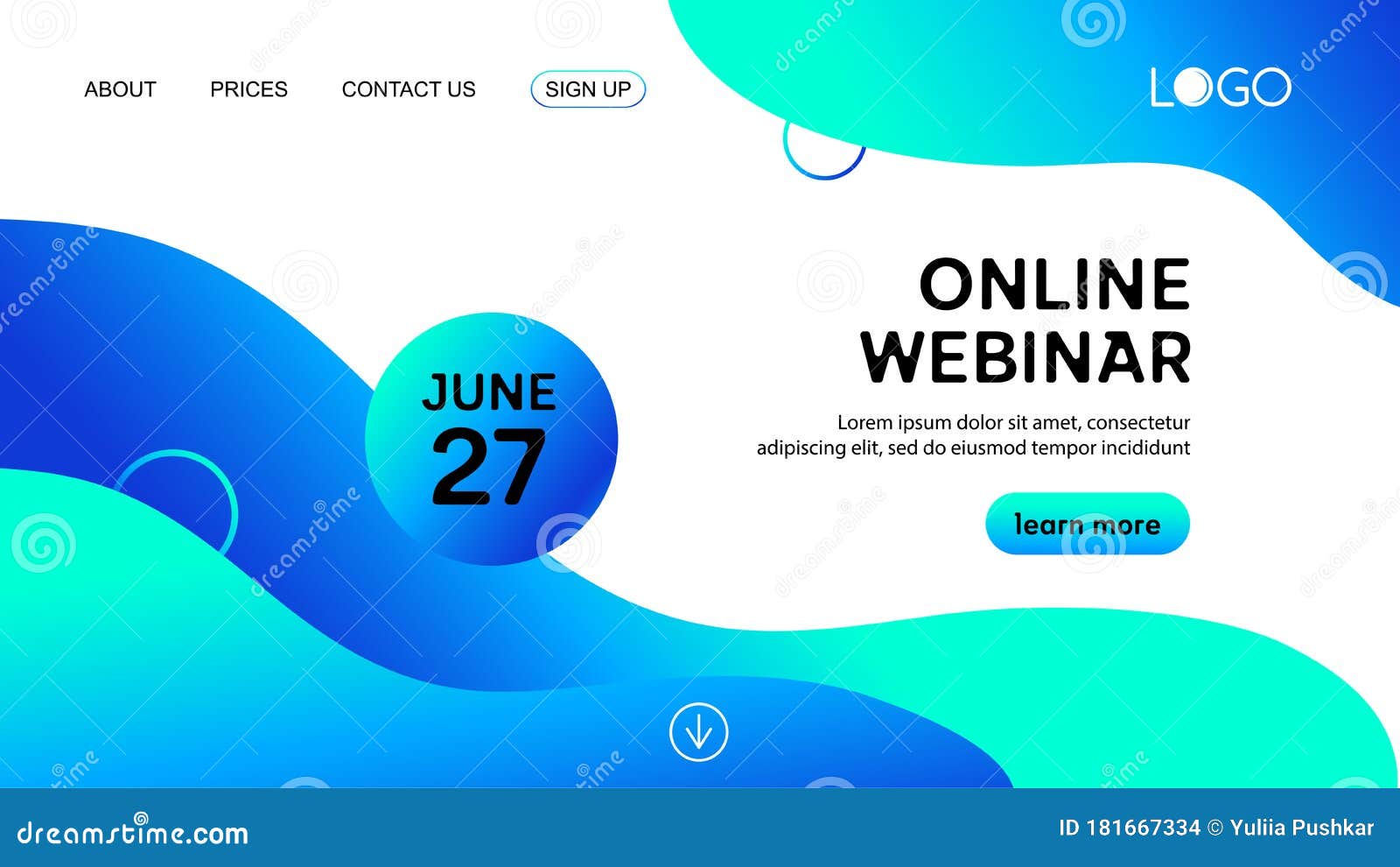 Online Webinar Liquid Landing Page Template. Vector Blue Fluid