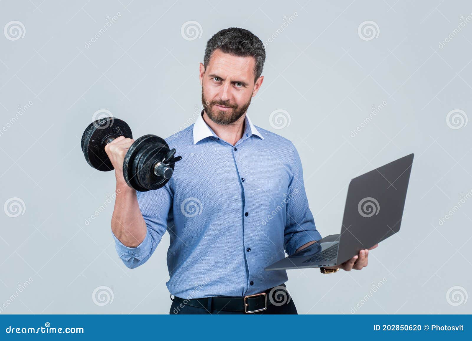 Online Work Gym that Helps Spur Productivity. Manager Hold Laptop Curling Dumbell