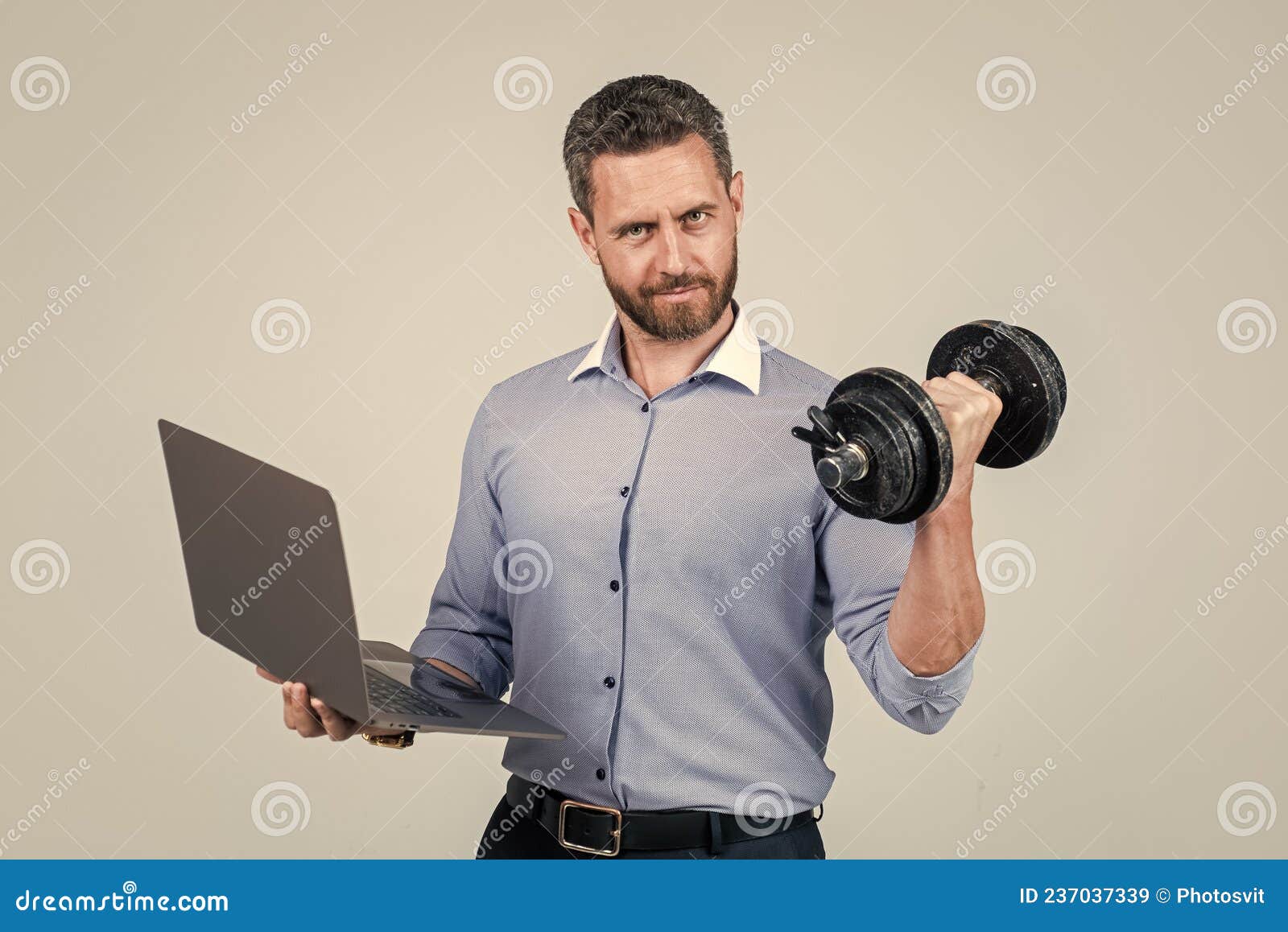 Online Work Gym that Helps Spur Productivity. Manager Hold Laptop Curling Dumbell