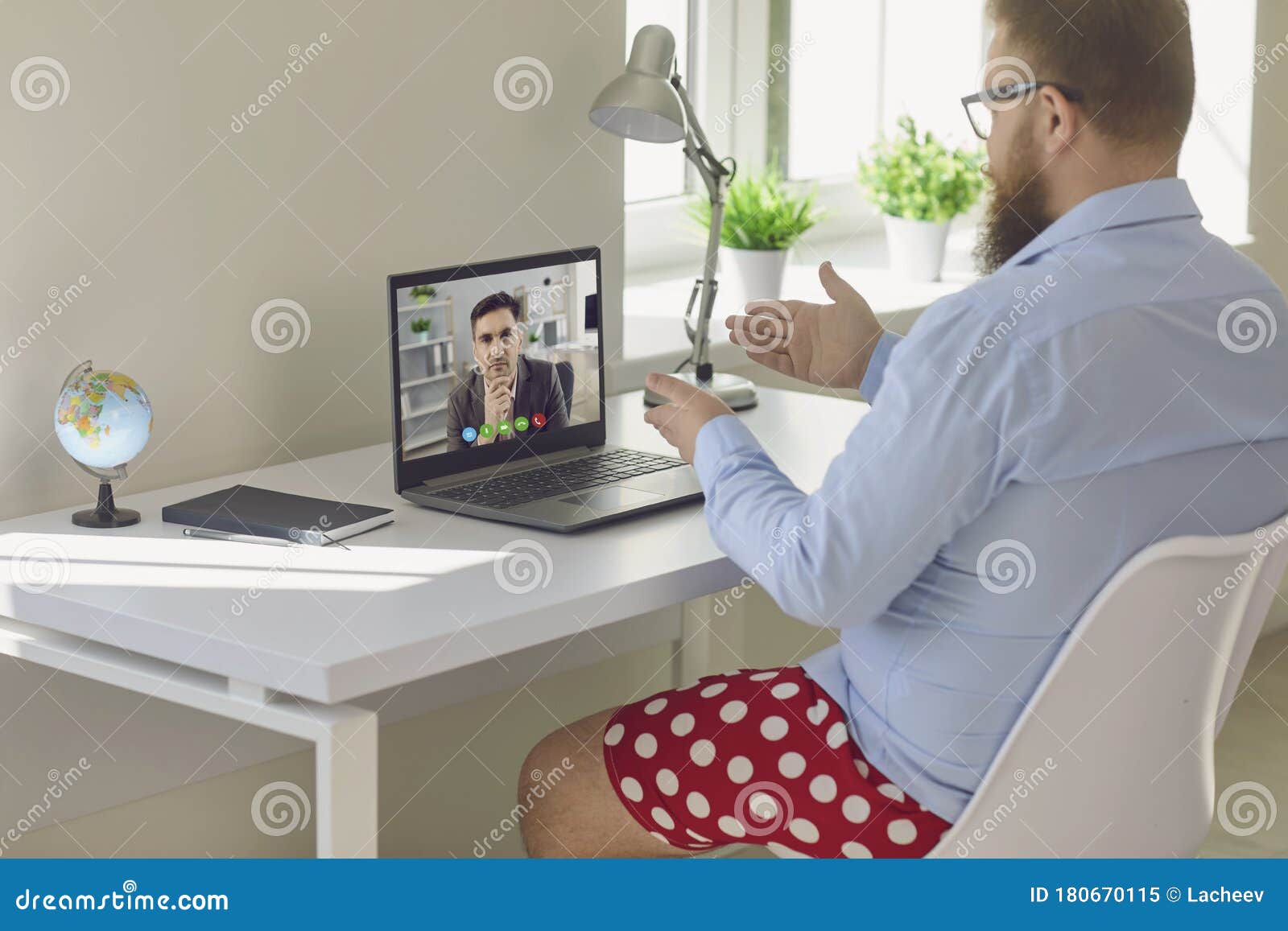 Online Work at Home. Funny Fat Businessman in Red Shorts Works ...