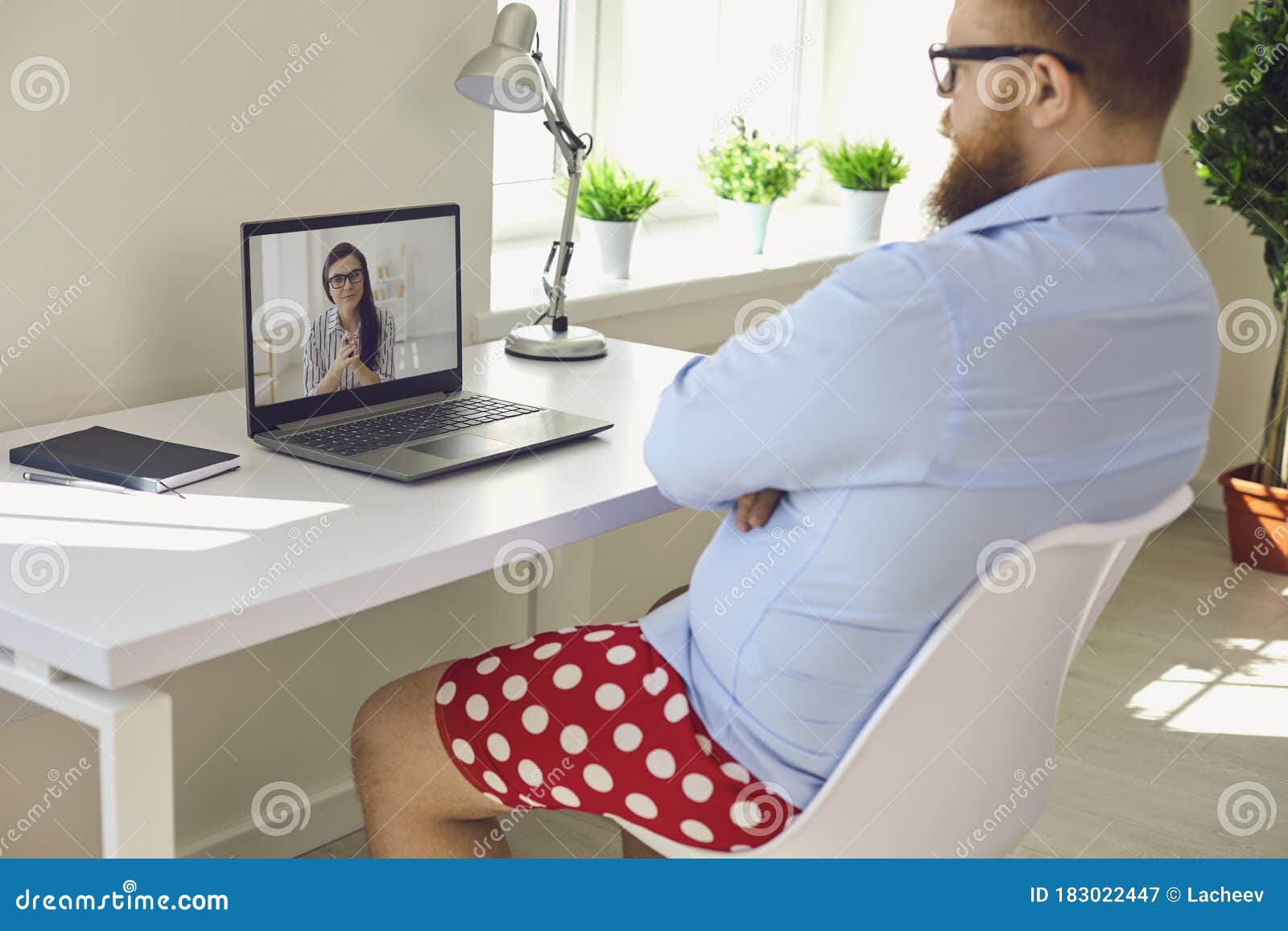 Online Work at Home. Funny Fat Businessman in Red Shorts Works ...