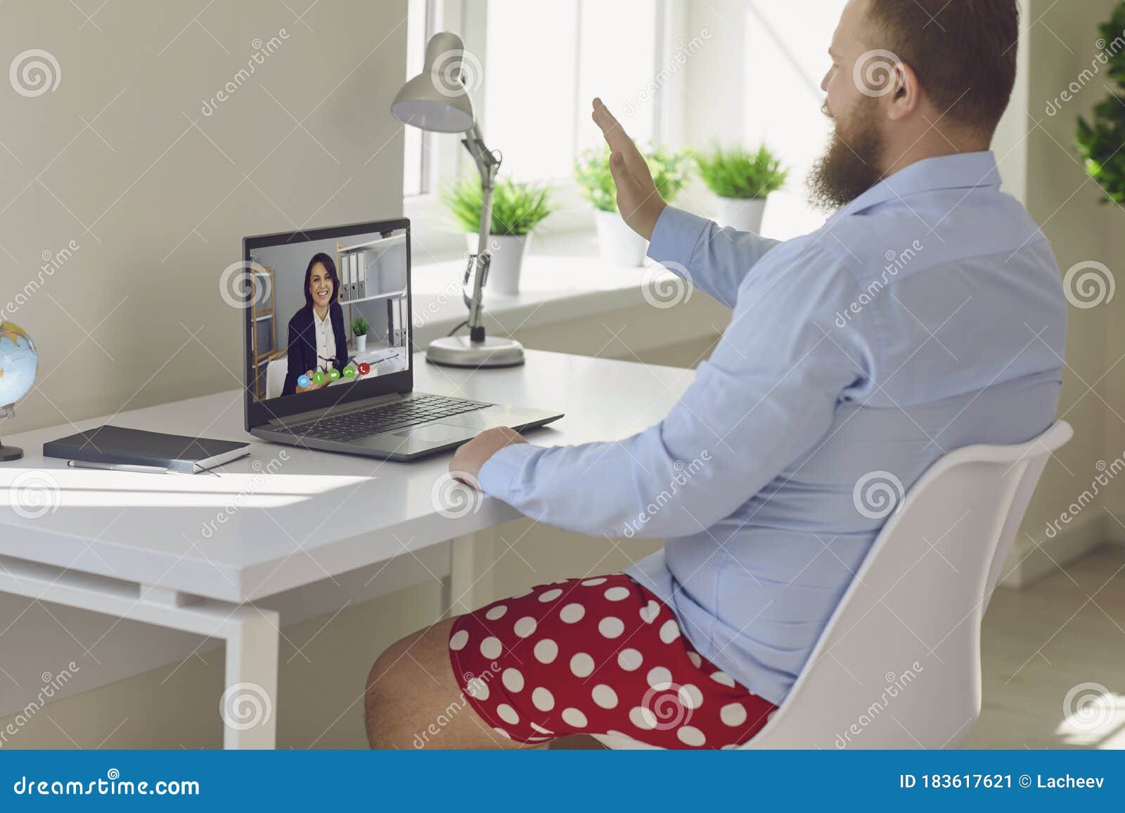 Online Work at Home. Funny Fat Businessman in Red Shorts Works ...