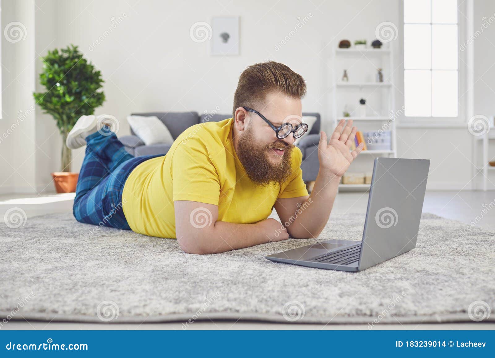 Online Work Job Training . Funny Man with a Beard Working in a ...