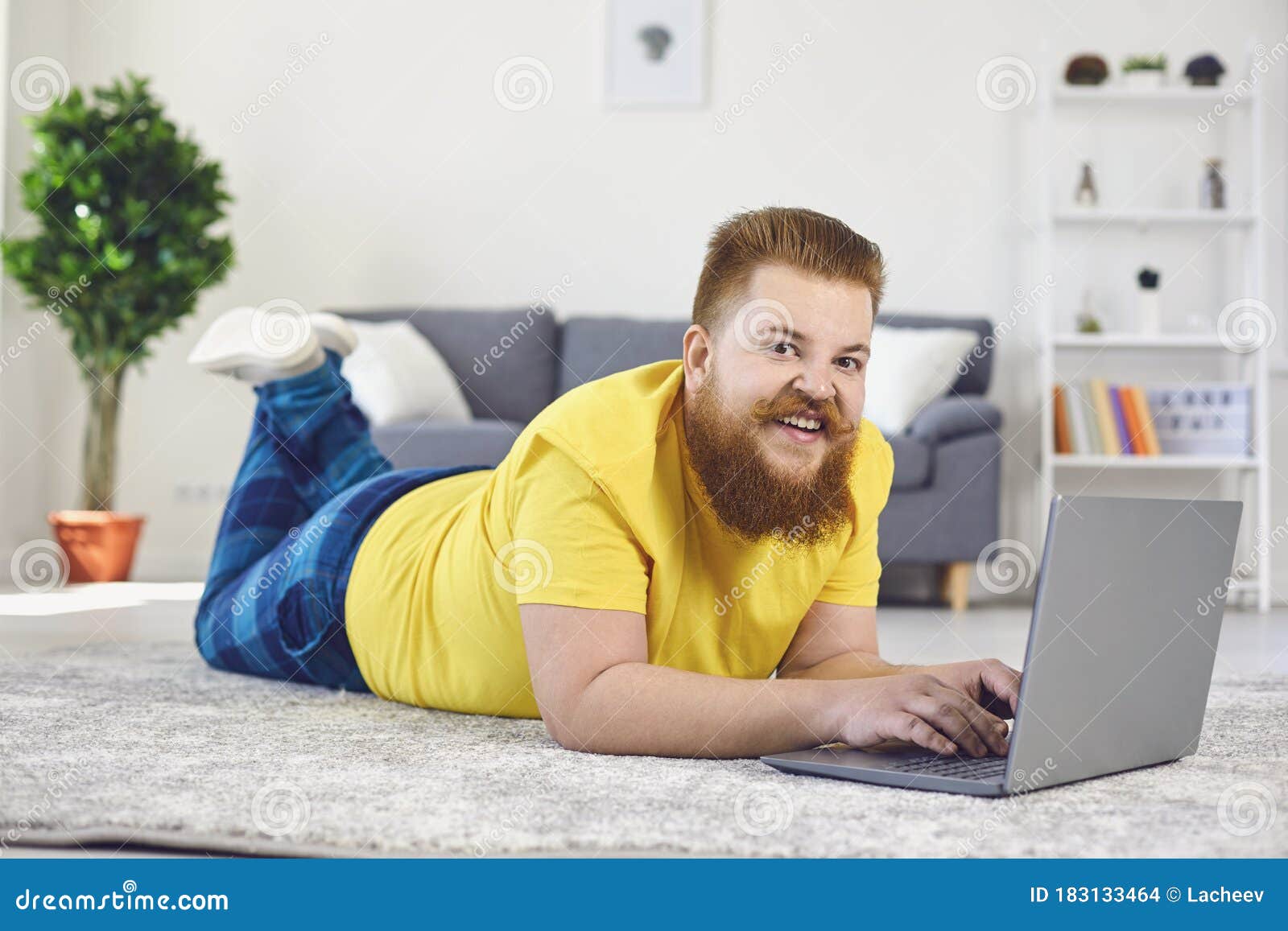 Online Work Job Training . Funny Man with a Beard Working in a ...