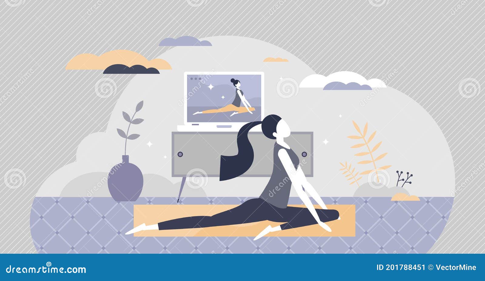 online yoga exercise with distant instructor training tiny person concept